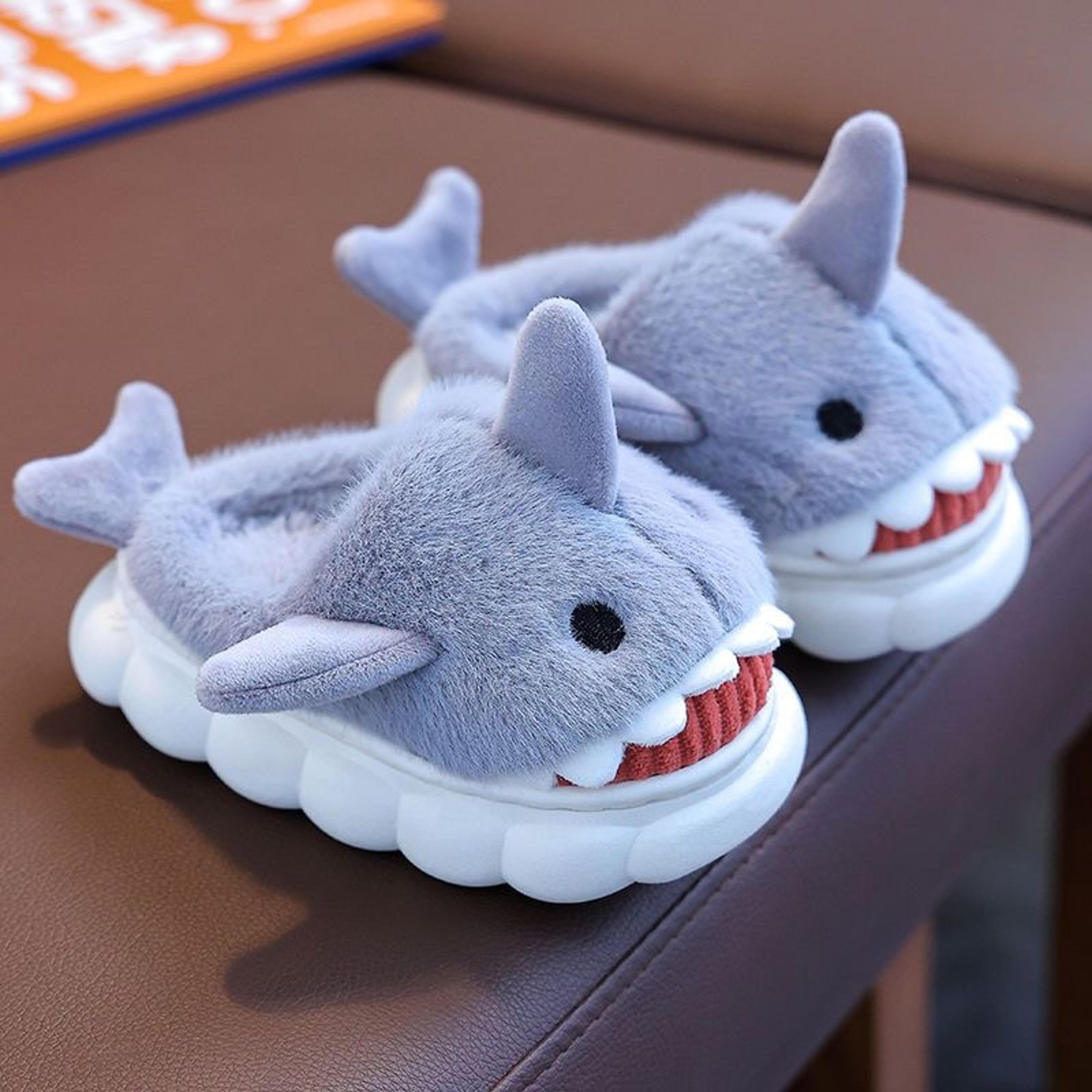 Cute Cartoon Shark Winter Heel Wrap Slippers For Kids Soft Sole Nonslip Plush Warm Childrens Shoes 2