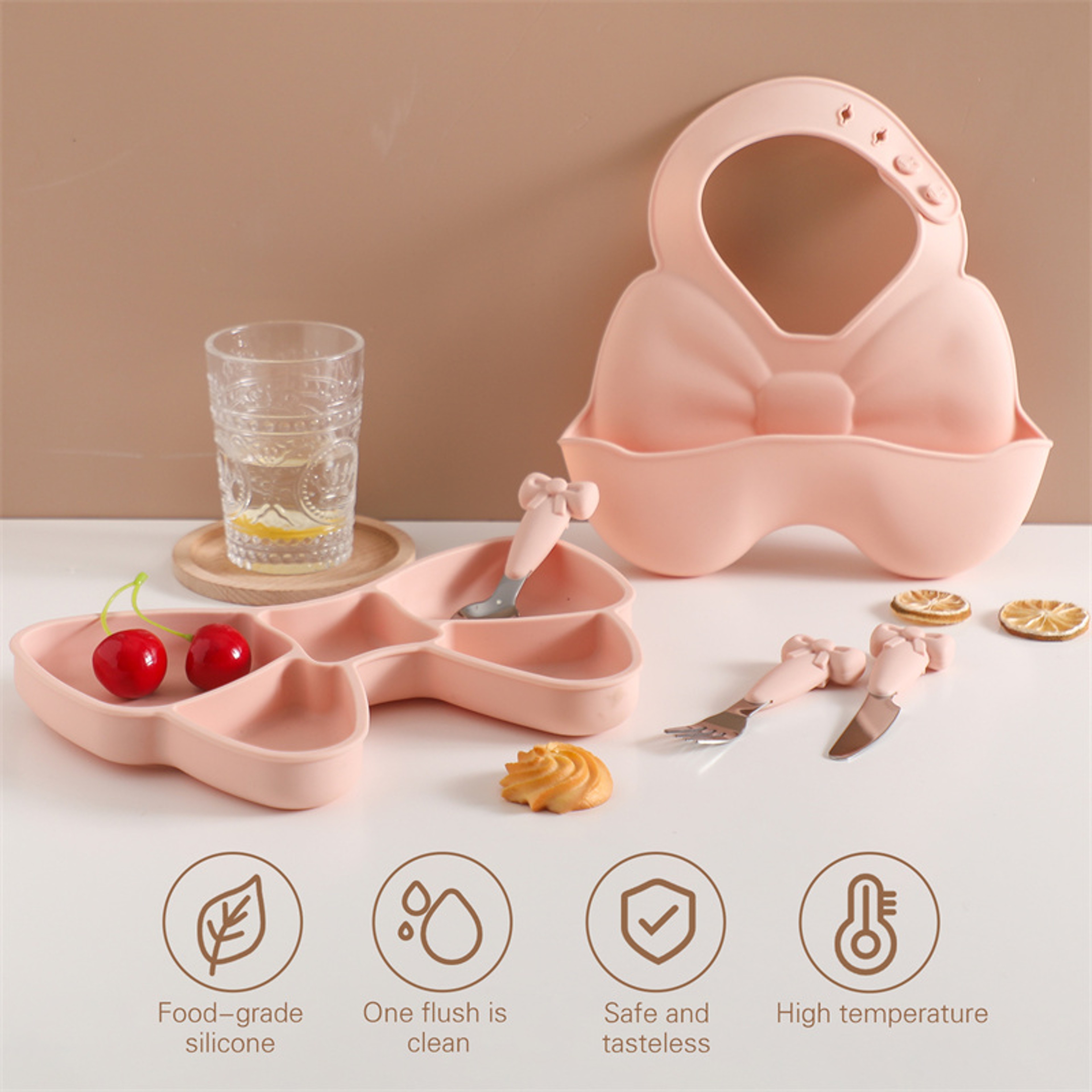 Nonslip Silicone Baby Tableware Set Bowl Fork Plate Spoon 4