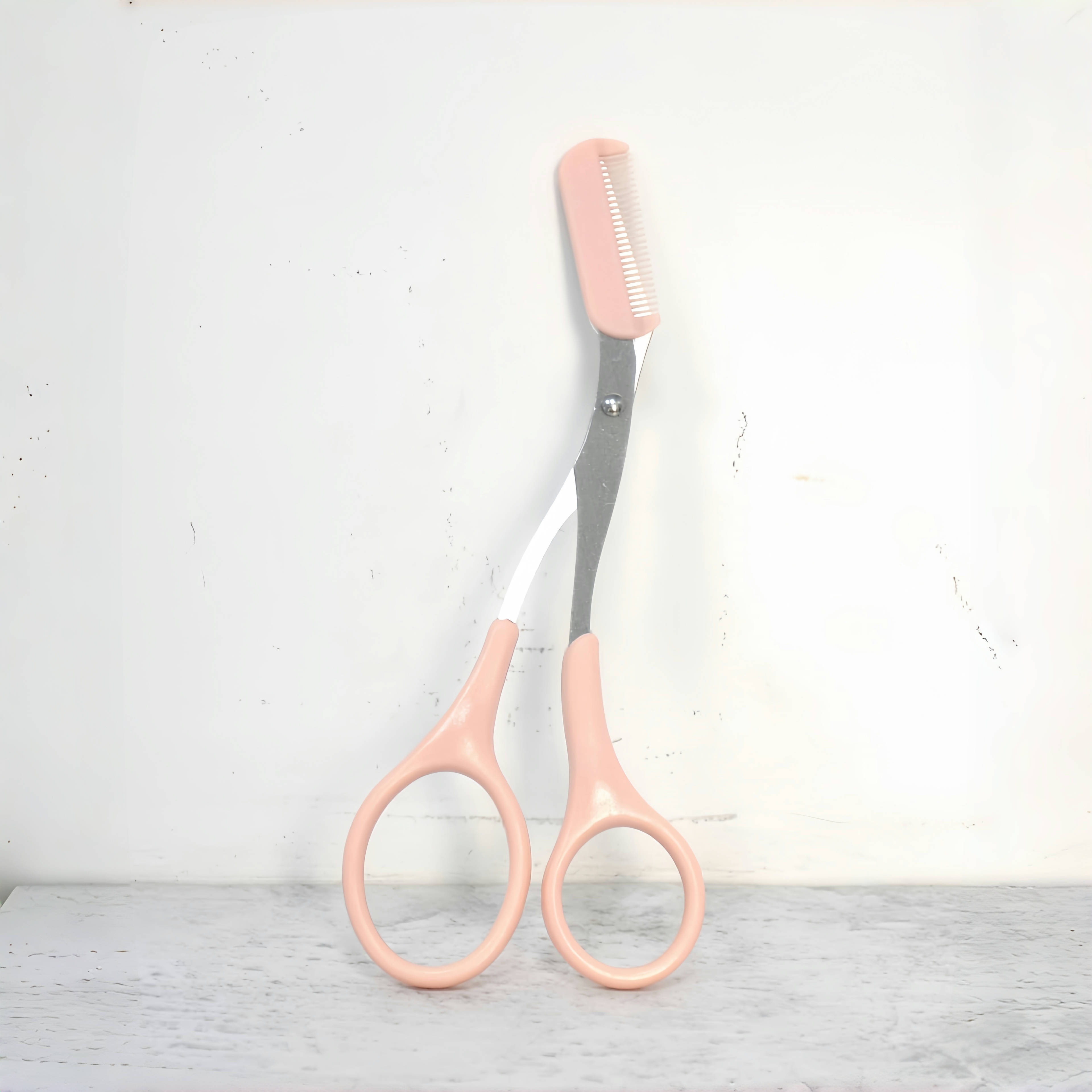 Stainless steel eyebrow trimming scissors, pink, with built-in comb, precise grooming tool for perfect eyebrows – view 2