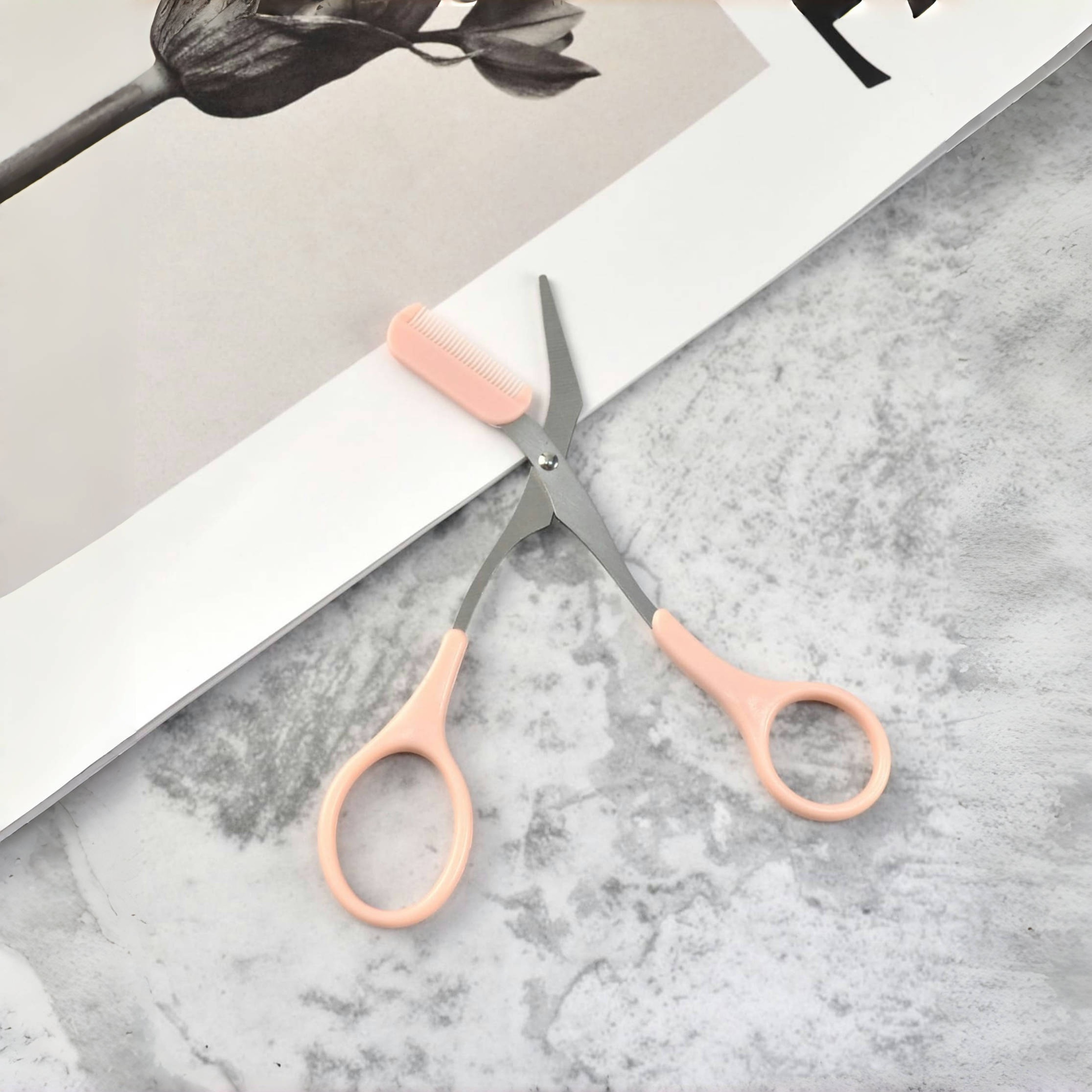 Stainless steel eyebrow trimming scissors, pink, with built-in comb, precise grooming tool for perfect eyebrows – view 6