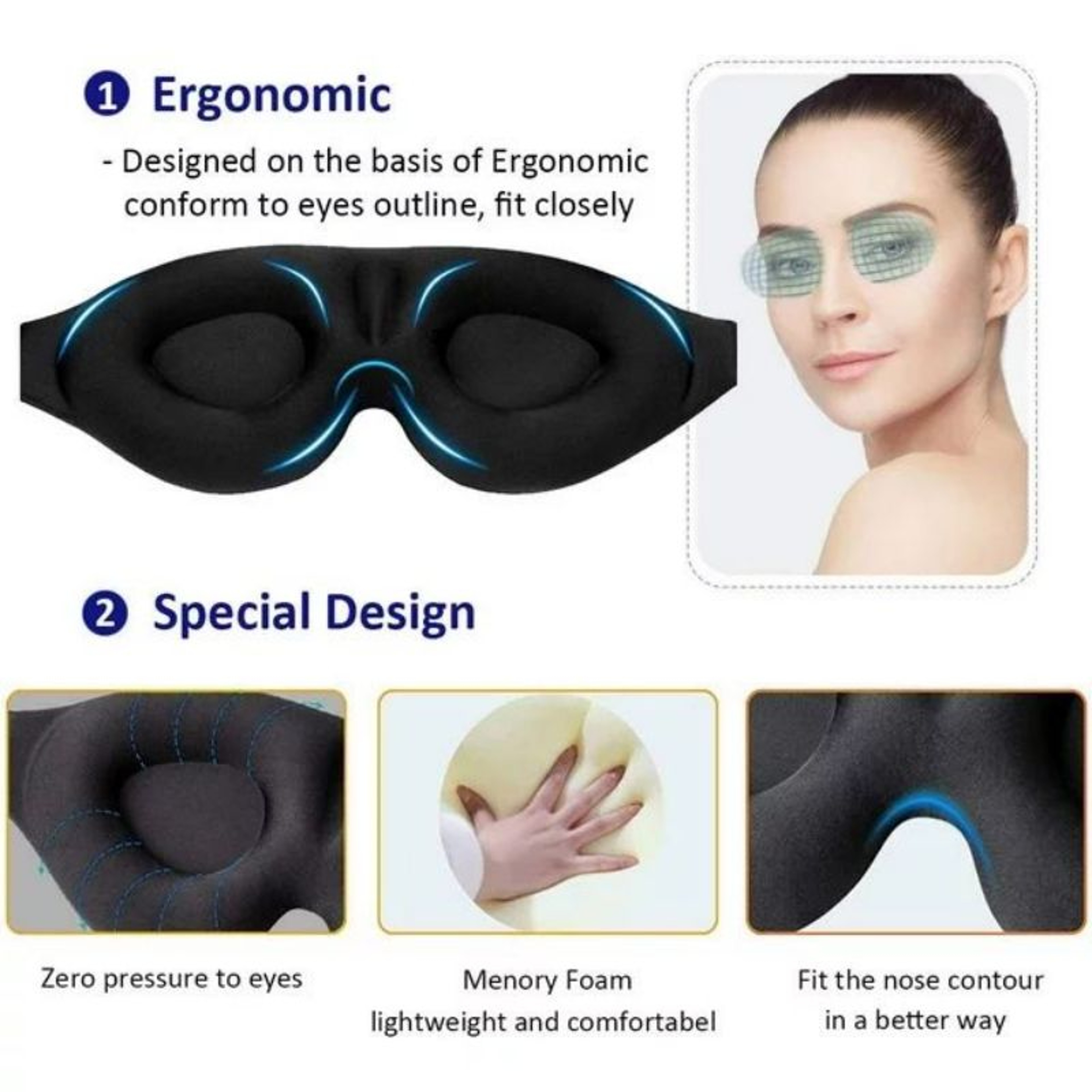 Eye Mask, Comfortable, Light Blocking, Adjustable, No Pressure on Eyes, For Men and Women, Black – view 2