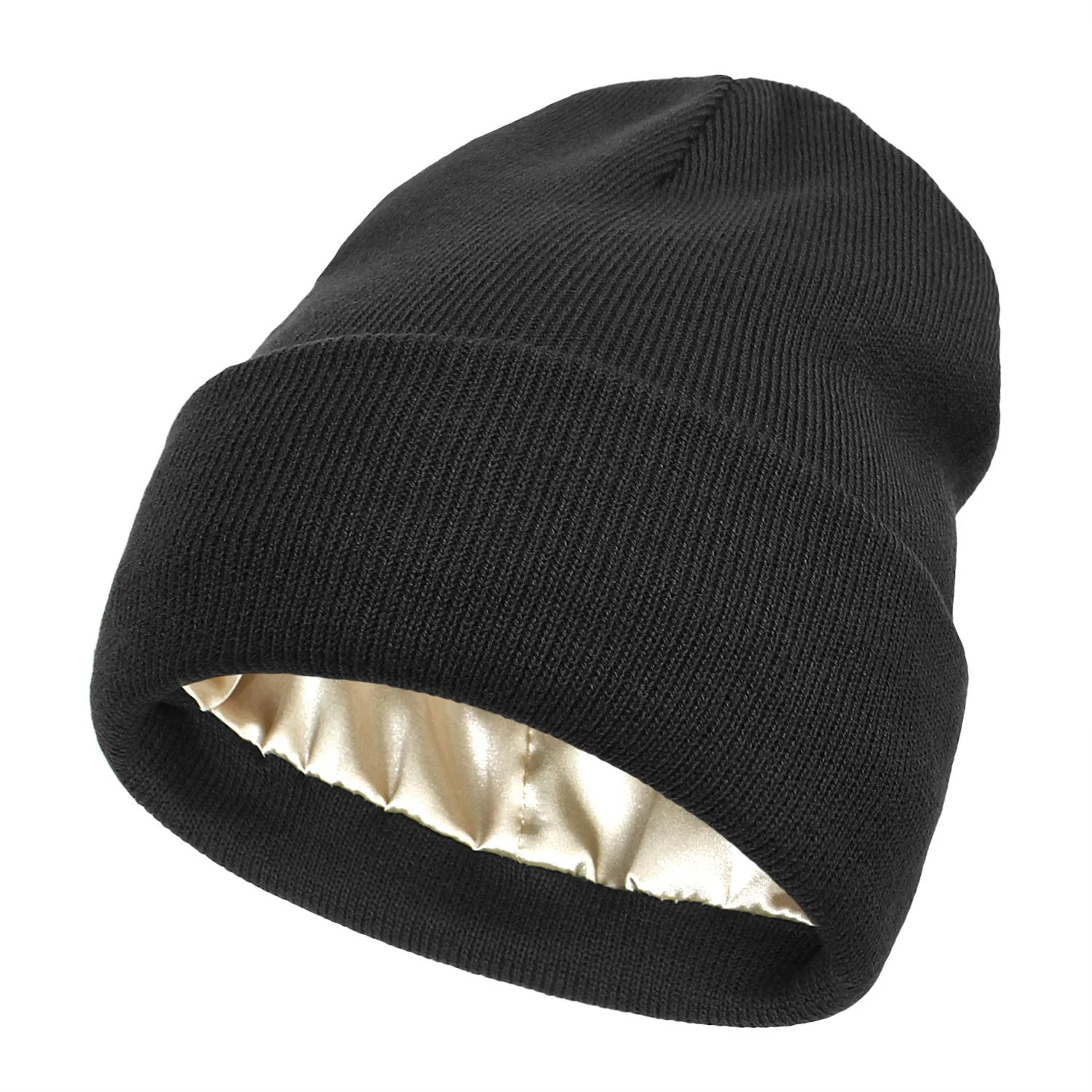 Winter Silk Lining Beanie Unisex Anti Static Hat Slouchy Warm Cuffed Skullies Satin Lined 2Layer Ha