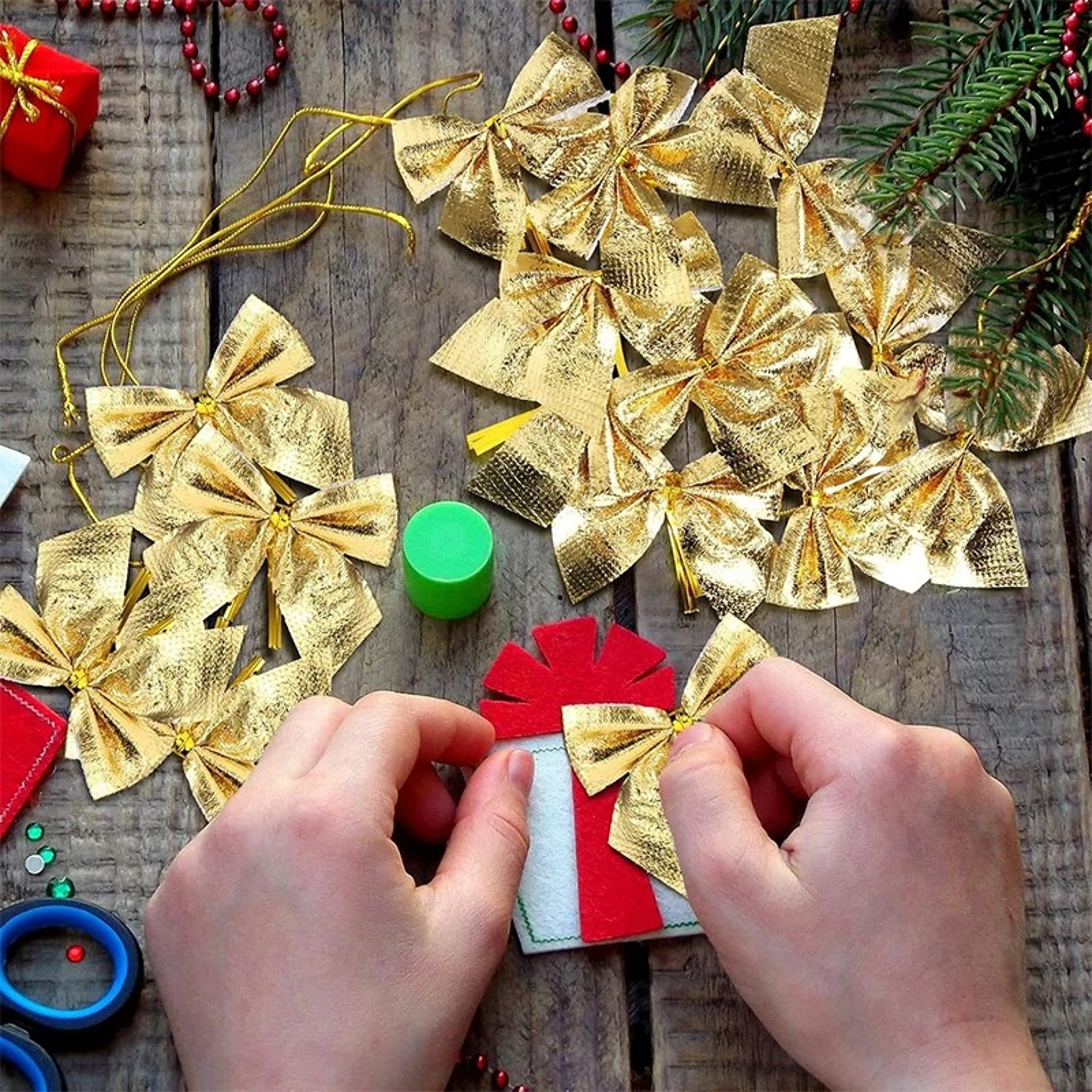 Red Gold Mini Xmas Tree Bowknot, Christmas Bow, Wedding Decor, Home Decoration, Navidad New Year Party DIY Gift – view 3
