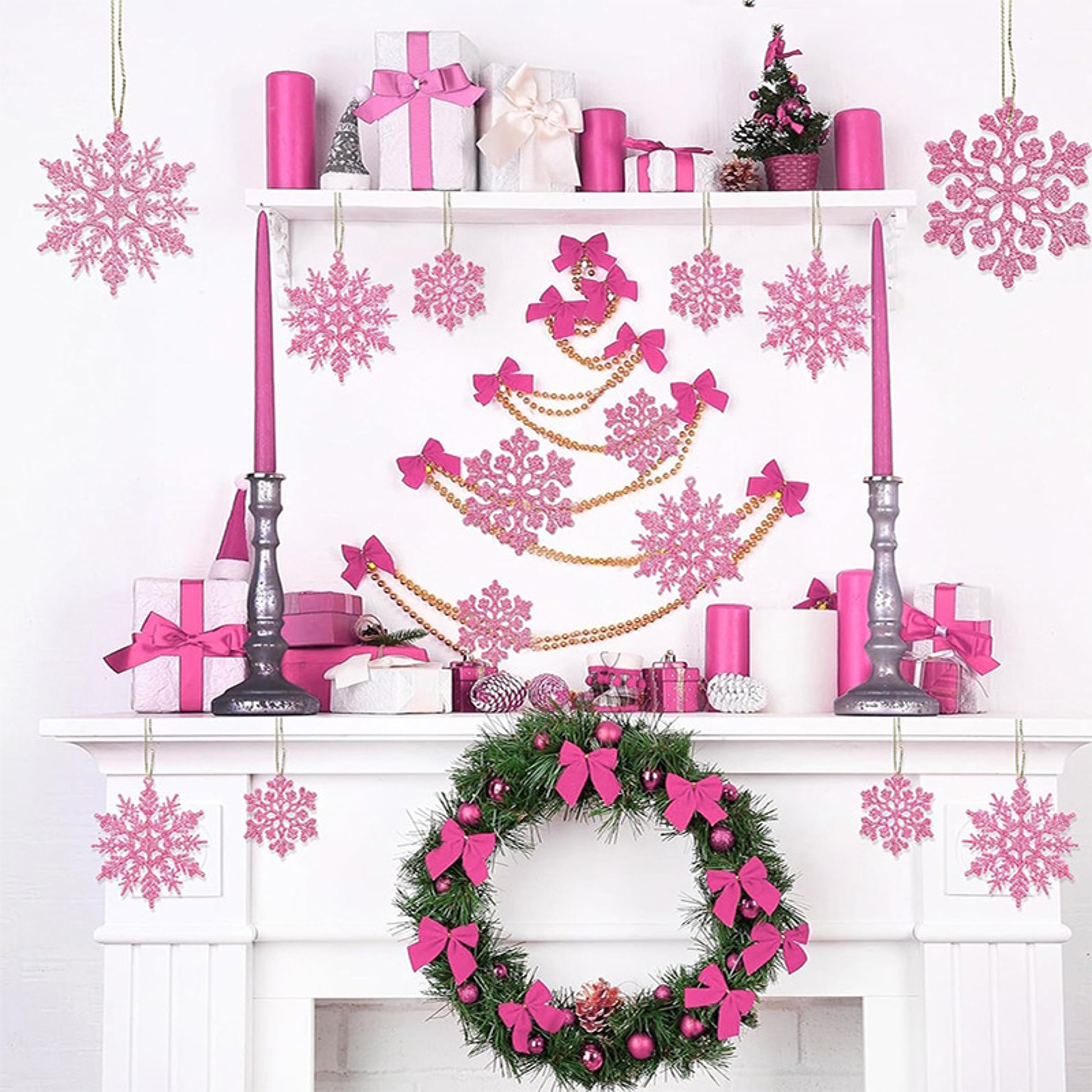 Christmas Tree Hollow Snowflake, Pink Glitter, Plastic Decorations, Pendants, New Year Party Festival Supplies – view 4