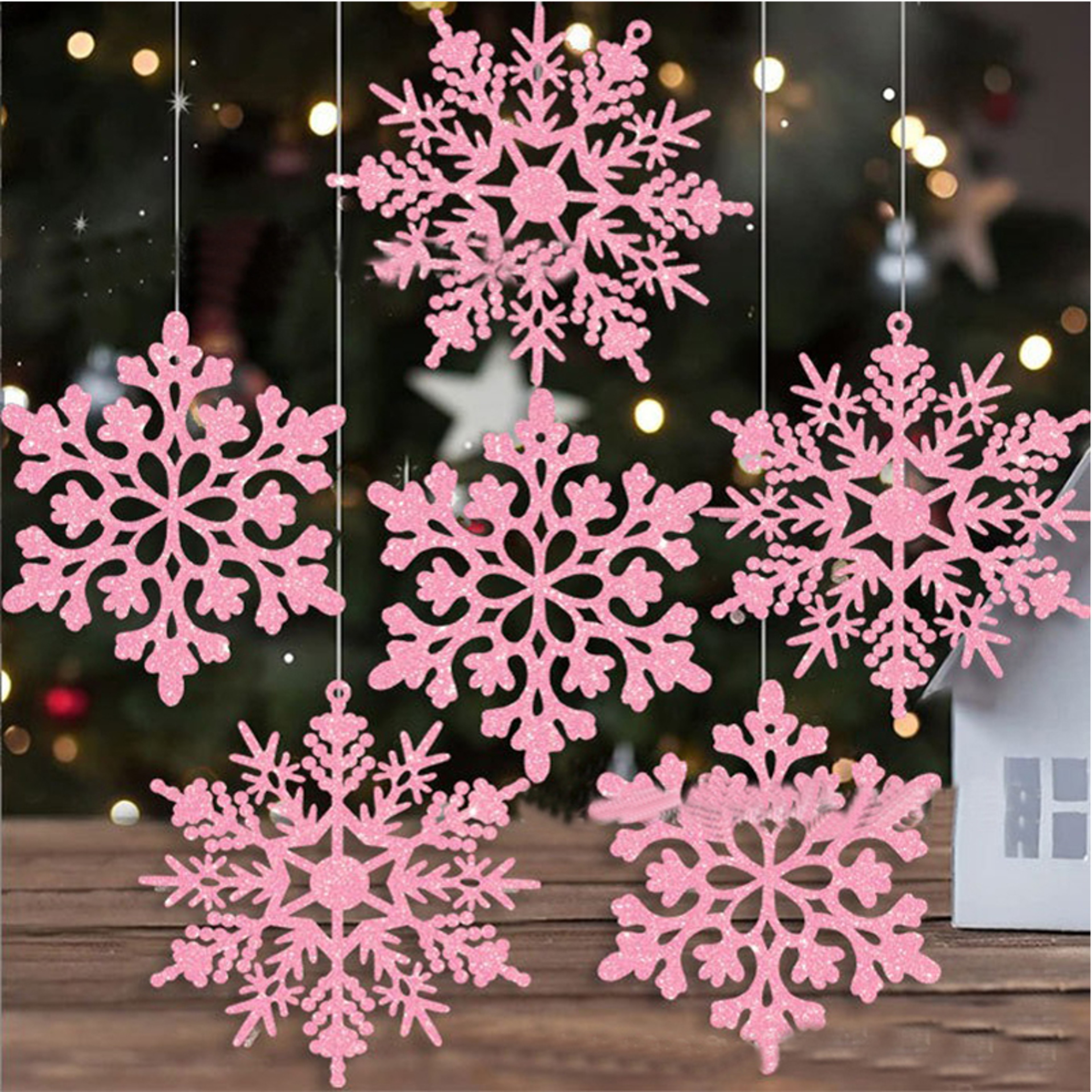 Christmas Tree Hollow Snowflake, Pink Glitter, Plastic Decorations, Pendants, New Year Party Festival Supplies – view 6
