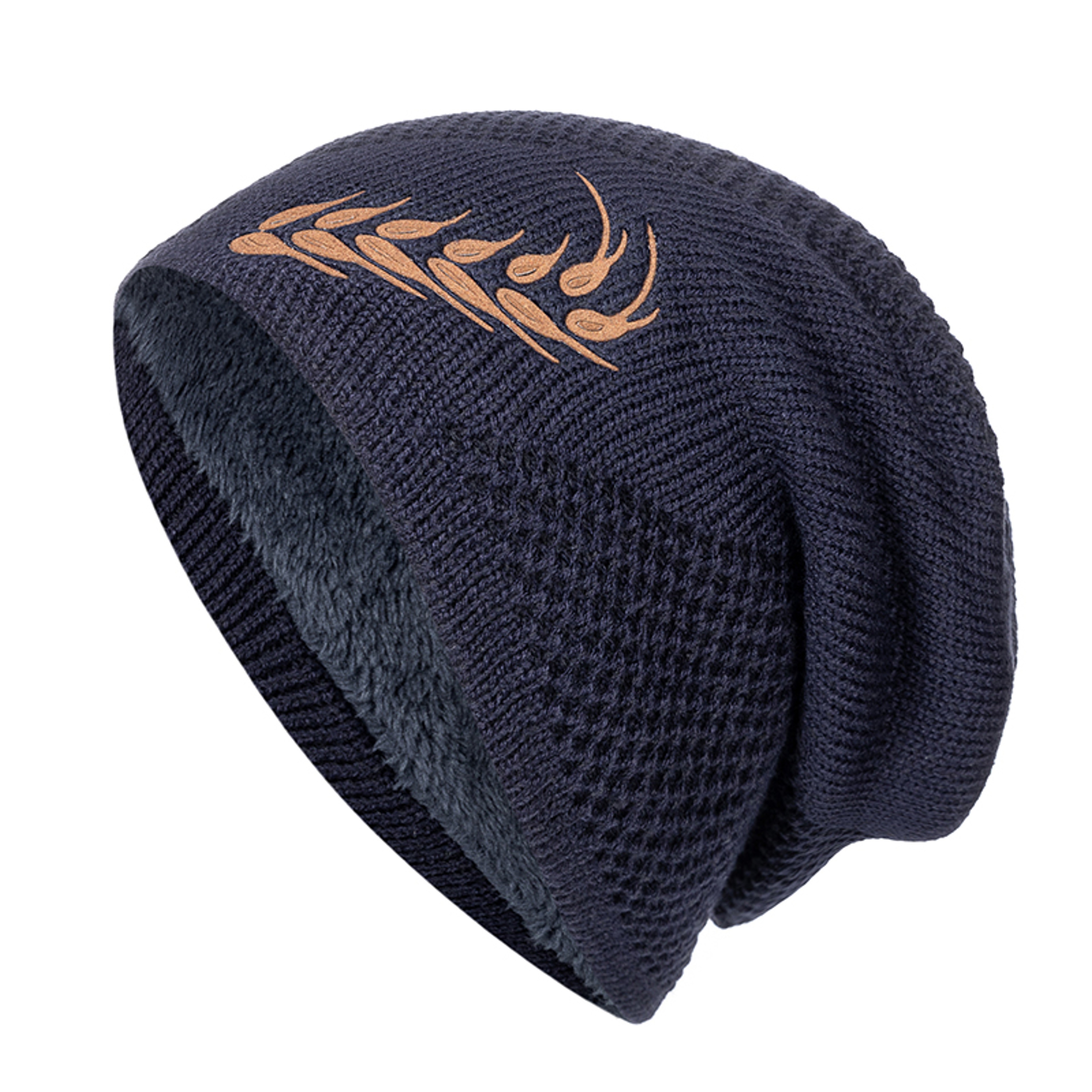 Fashion Wheat Winter Hat, Unisex Thick Fur Lined Beanie, Embroidered Knitted Hat Men & Women, Warm Ski Cap – view 10