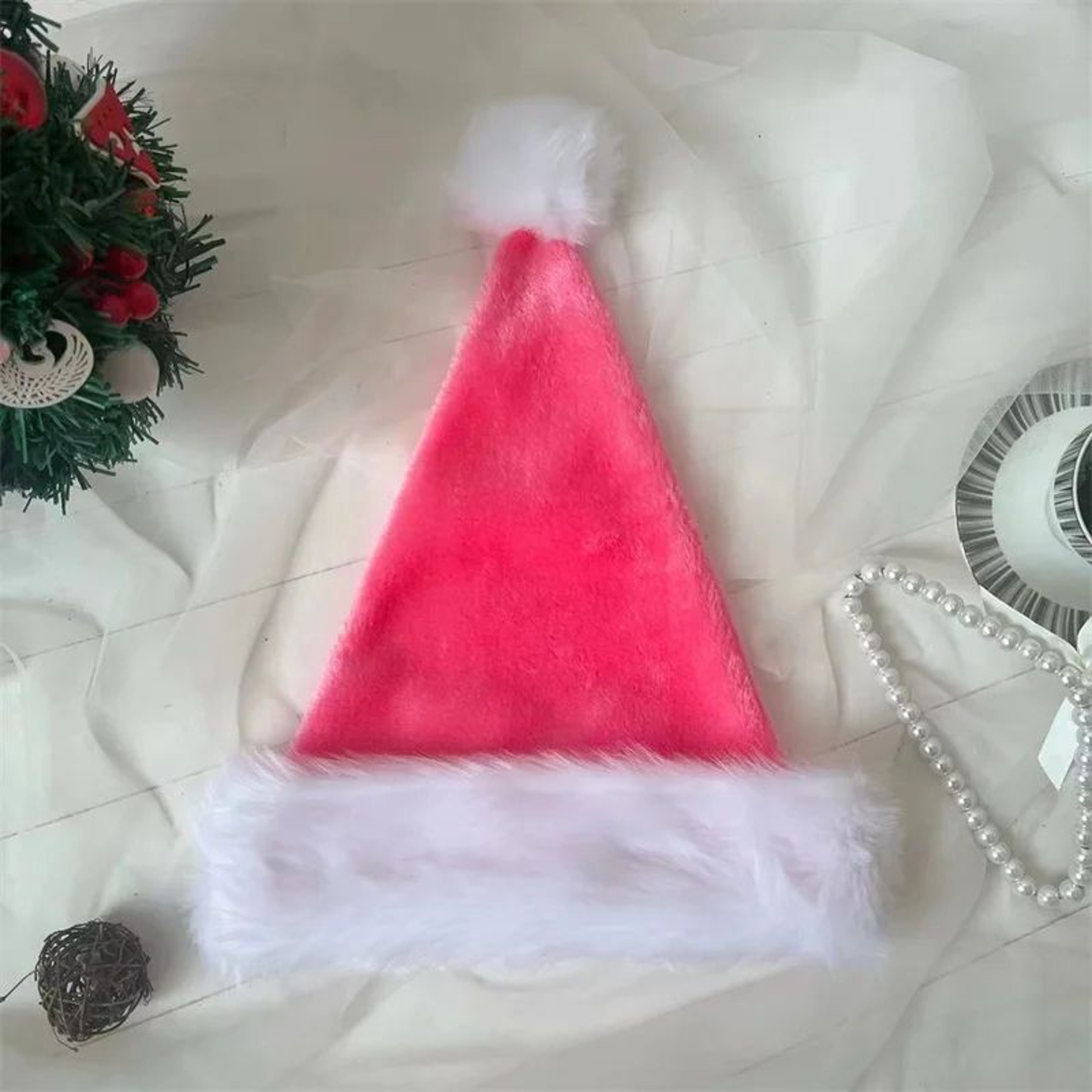 Pink Long Plush Santa Hat Christmas Holiday Red Black Hat Unisex Kids Adults New Year Party Accesso 1
