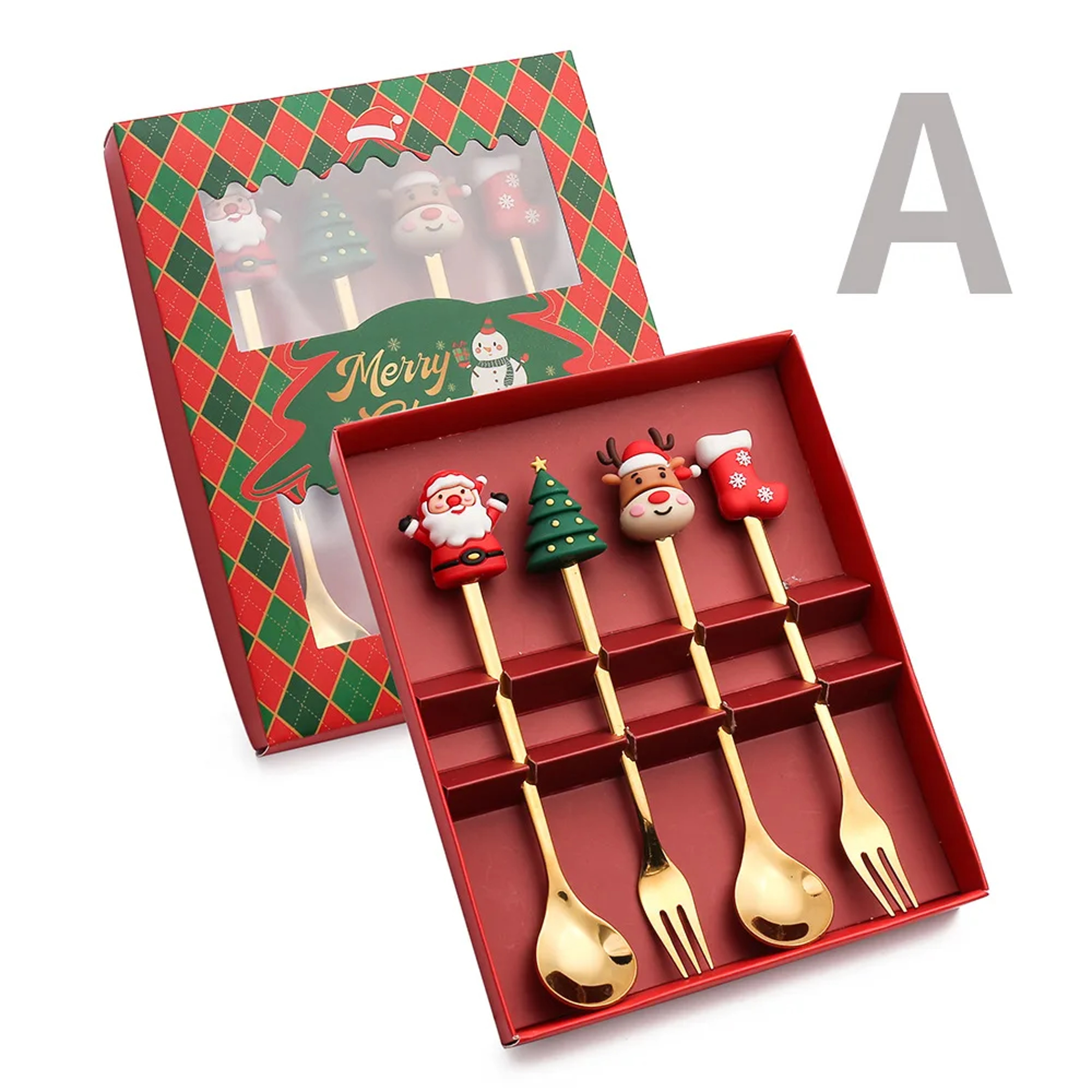 Christmas Gift Set Gold Silver Cutlery Spoon Fork Set Elk Tree Decoration Dessert Scoop Fruit Fork  5