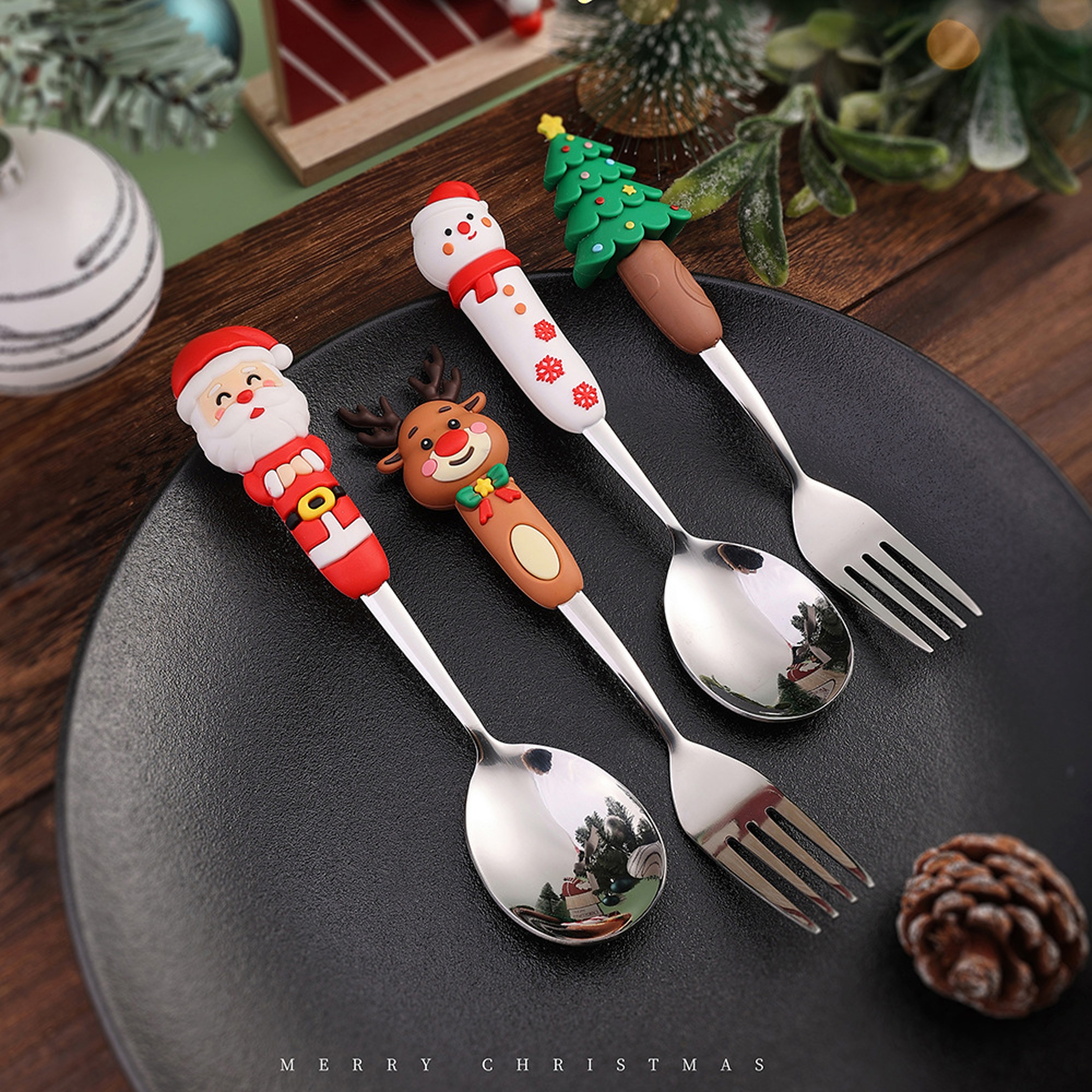 Stainless Steel Christmas Dinnerware, Tableware, Luxury Gift Box, Santa Cutlery, Dessert Fork, Coffee Spoon – view 2