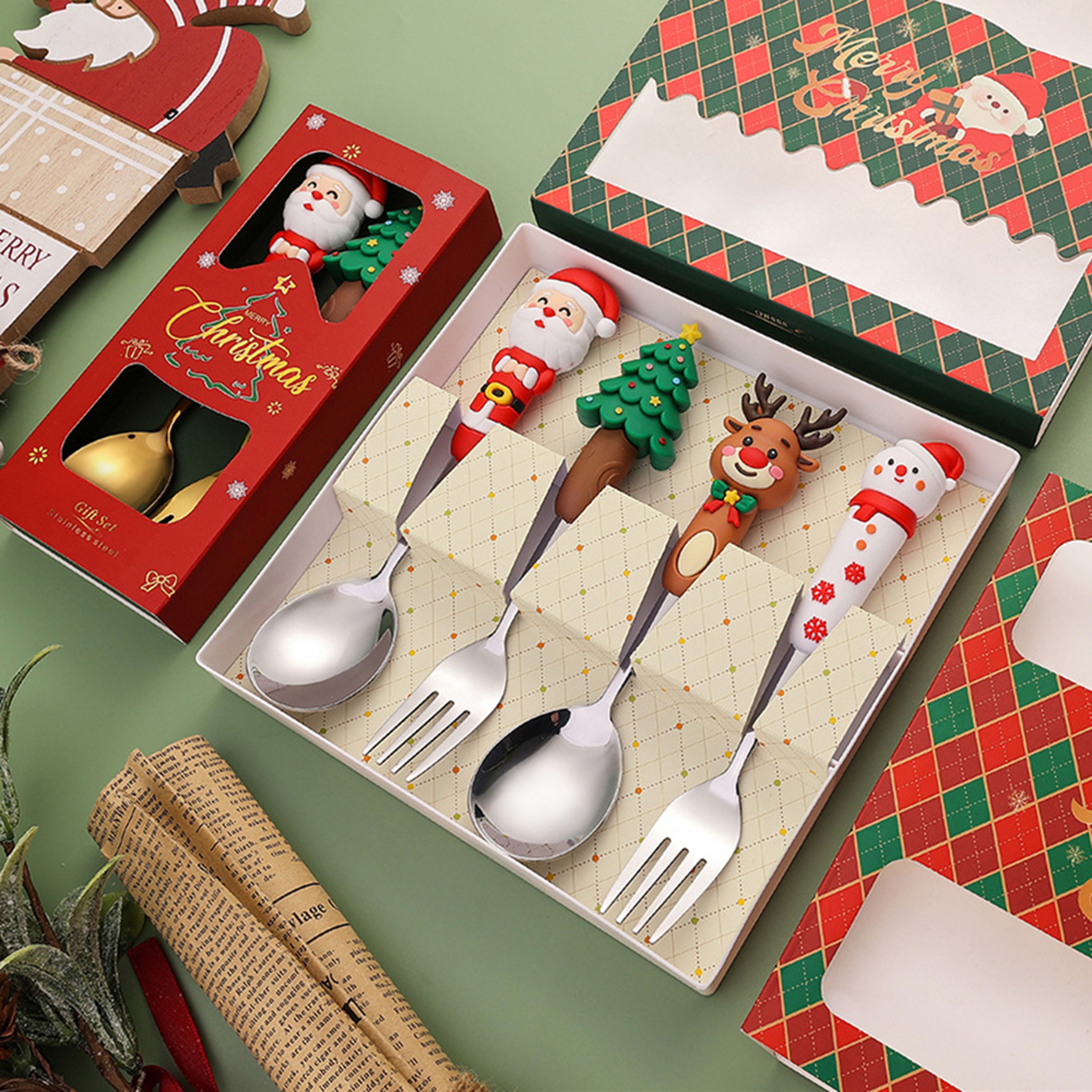 Stainless Steel Christmas Dinnerware, Tableware, Luxury Gift Box, Santa Cutlery, Dessert Fork, Coffee Spoon – view 4
