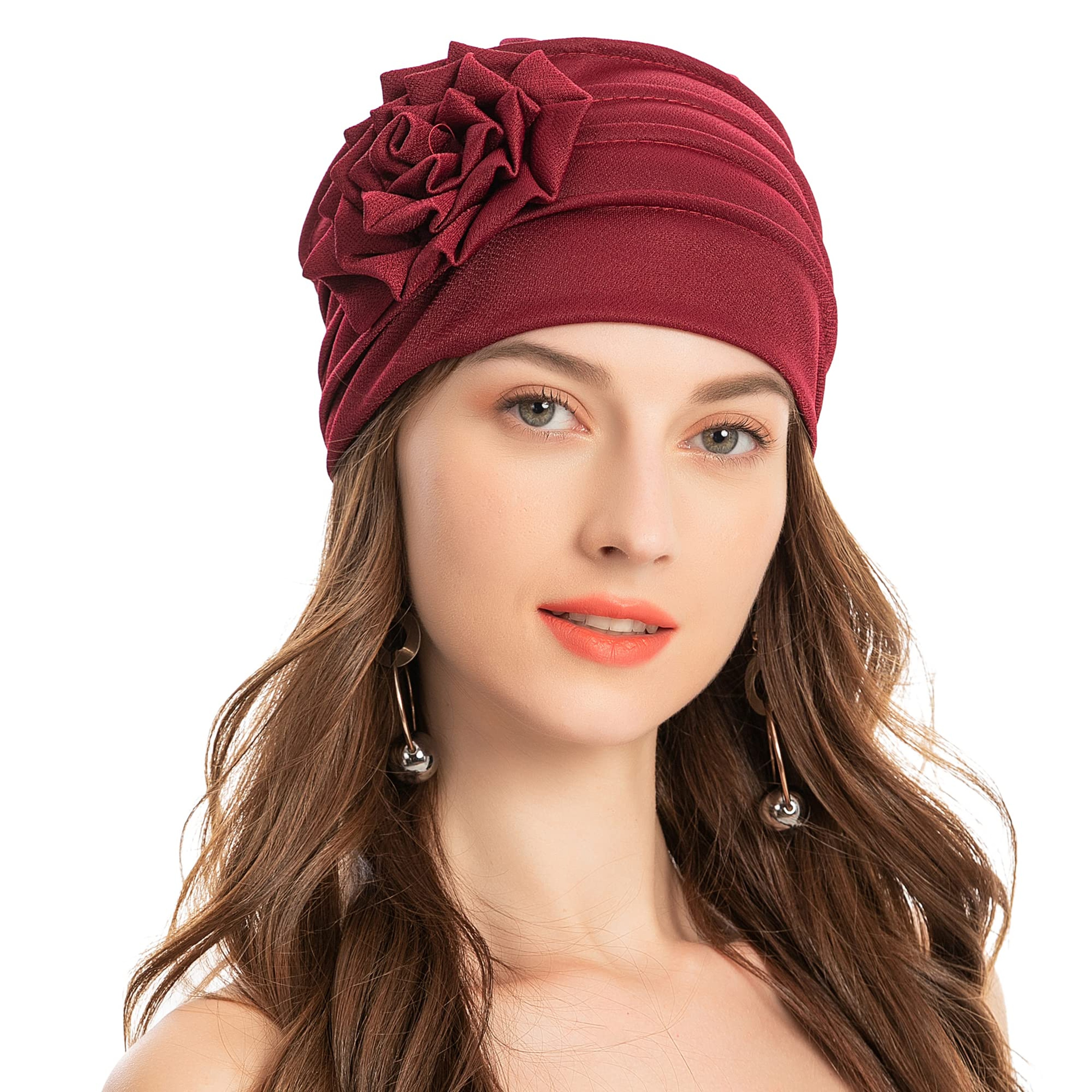 Solid Color Muslim Fashion Women, Hijab Turban Beanie Hat with Flower, Elastic Chemo Head Wrap Cap – view 1