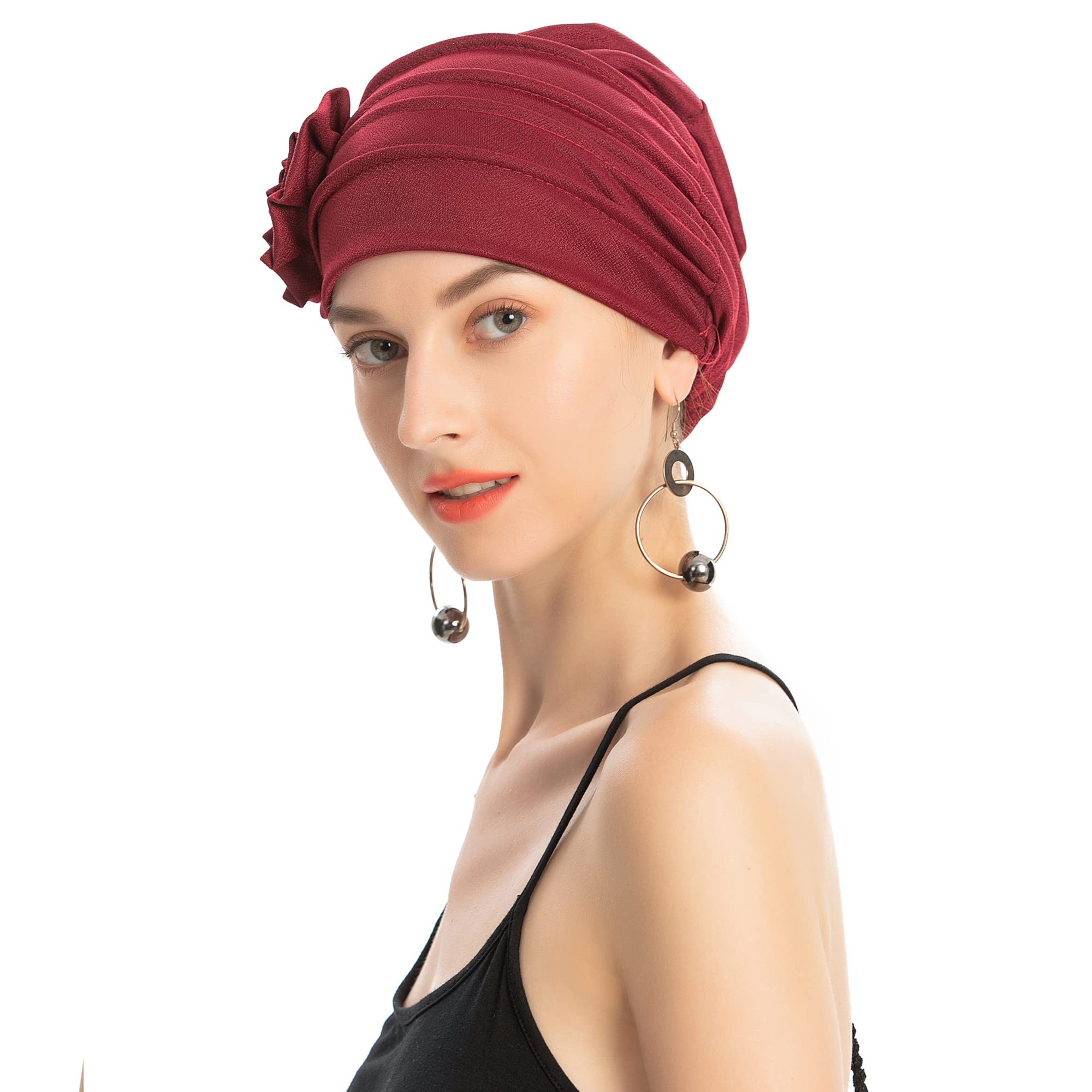 Solid Color Muslim Fashion Women, Hijab Turban Beanie Hat with Flower, Elastic Chemo Head Wrap Cap – view 4