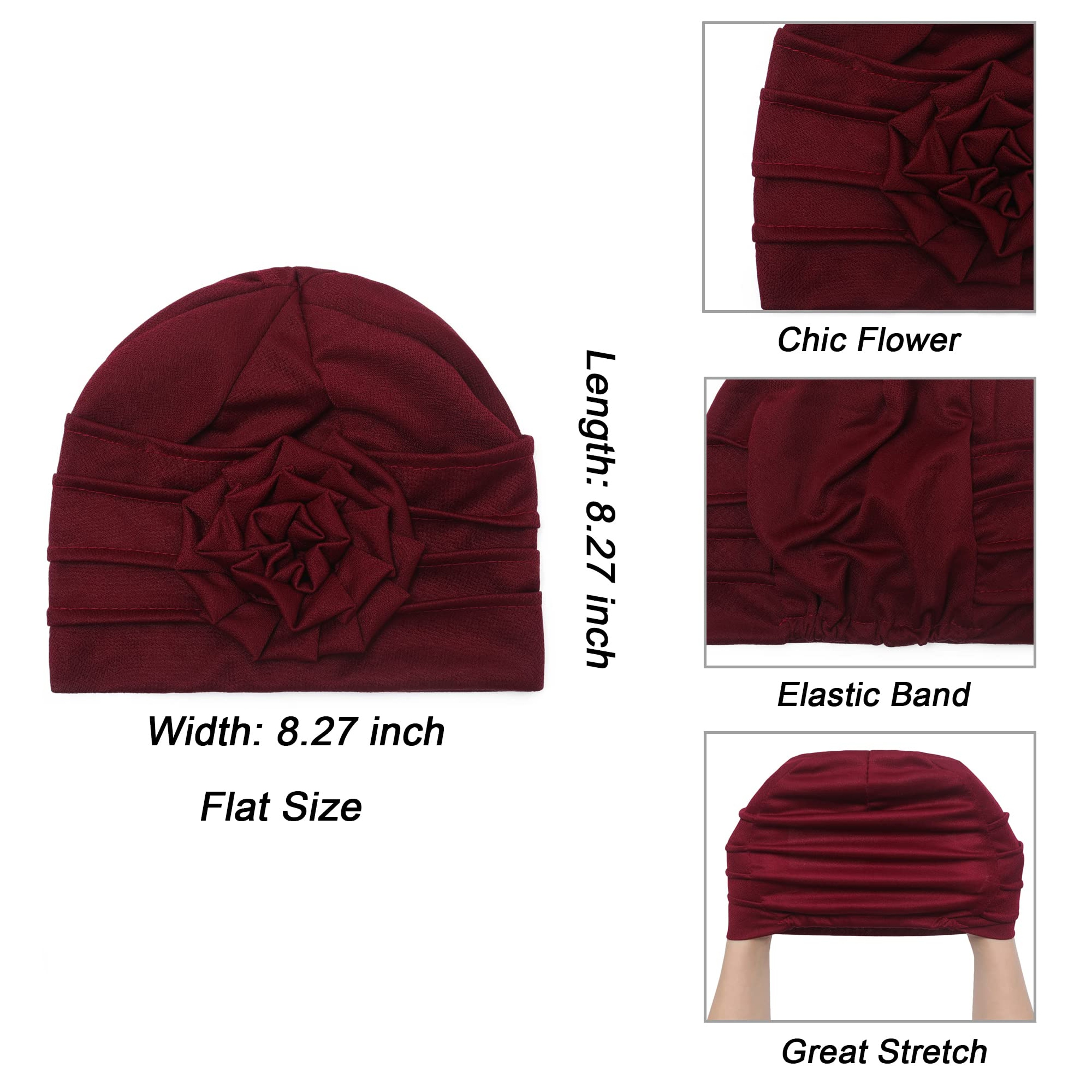 Solid Color Muslim Fashion Women, Hijab Turban Beanie Hat with Flower, Elastic Chemo Head Wrap Cap – view 5