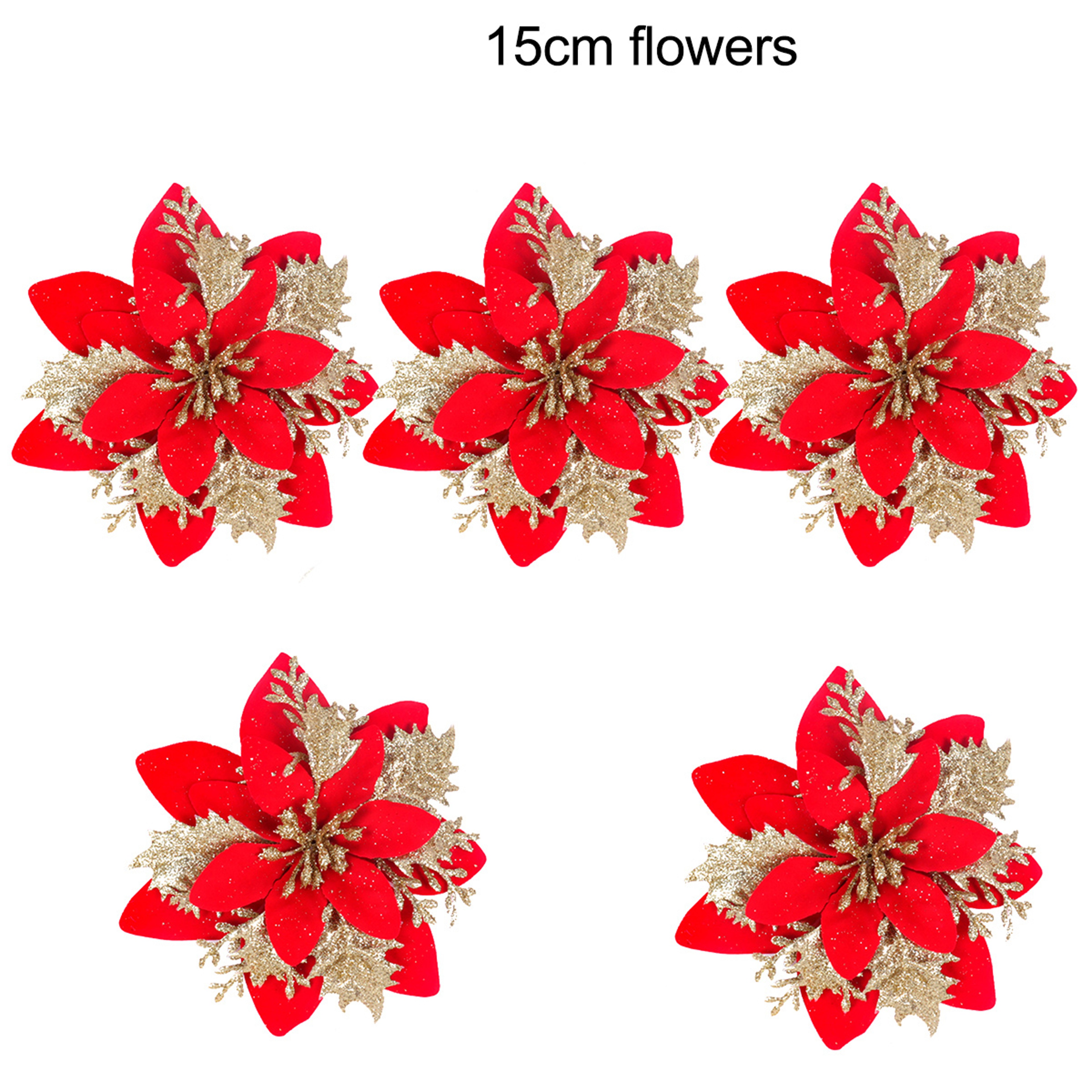 Christmas Tree Ornaments, Red Golden Silver Poinsettia Artificial Flowers, Xmas New Year Party Decoration – view 9