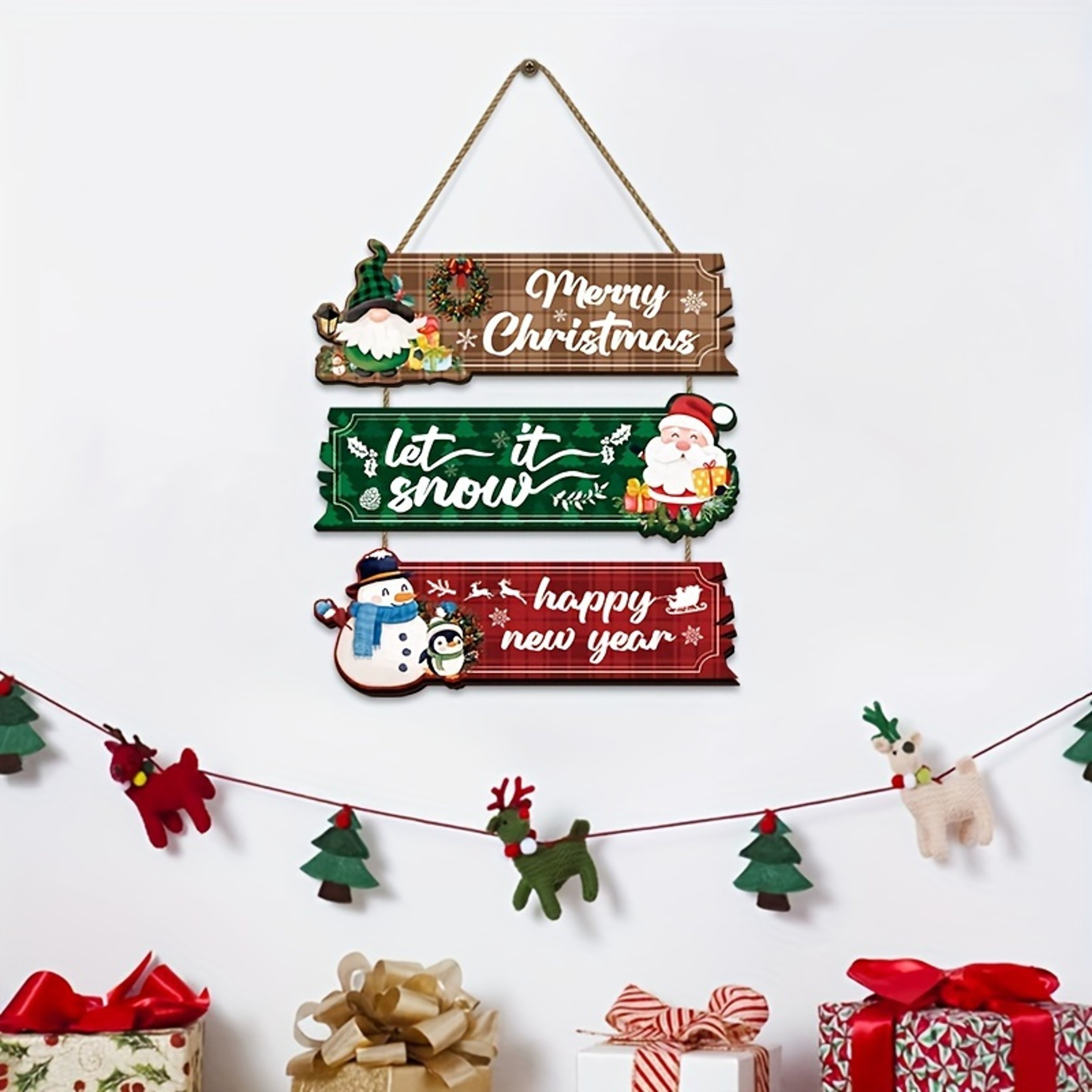 Decorat Snowman Santa 2D Wooden Crafts Hang Party, Christmas Door Window Hangings, Colorful Paintings Welcome To Hang – view 3