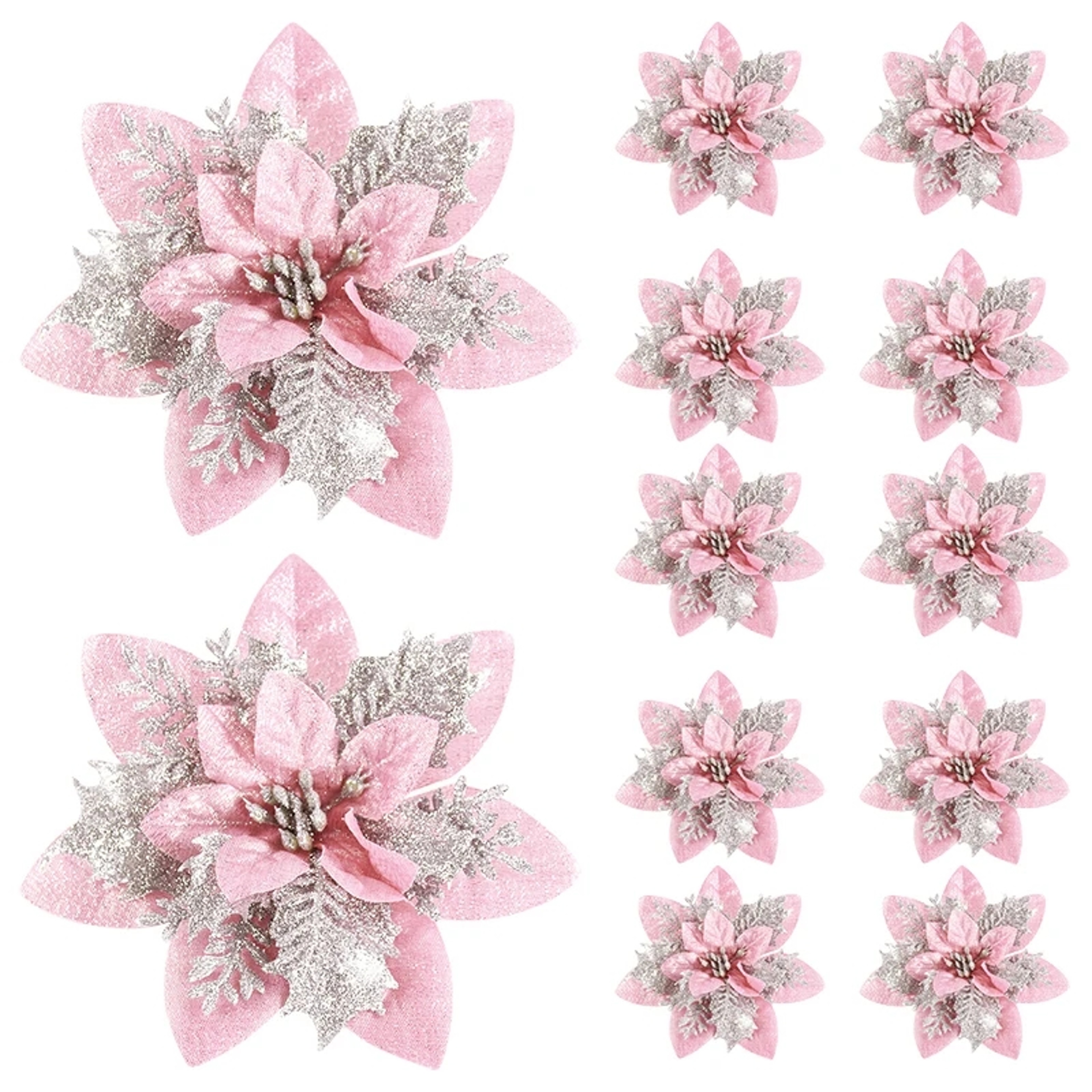 Glitter Pink Christmas Flowers Set of , Artificial Tree Ornaments, Merry Christmas and New Year Decorations for Home – view 1