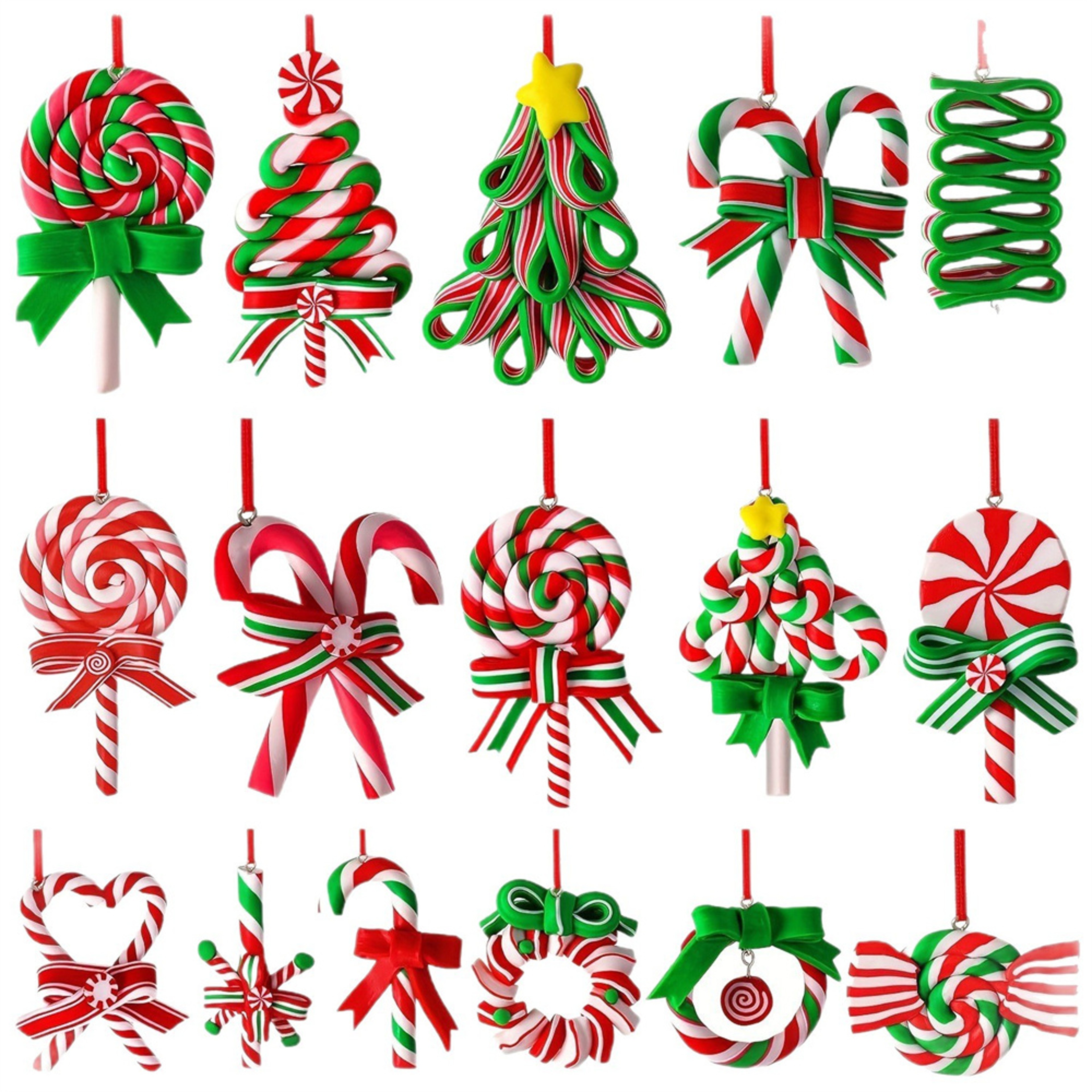 Colorful Wood Candy Cane Ornaments, Christmas Lollipop, Polymer Clay Peppermint Pendants, Hanging Decorations – view 8