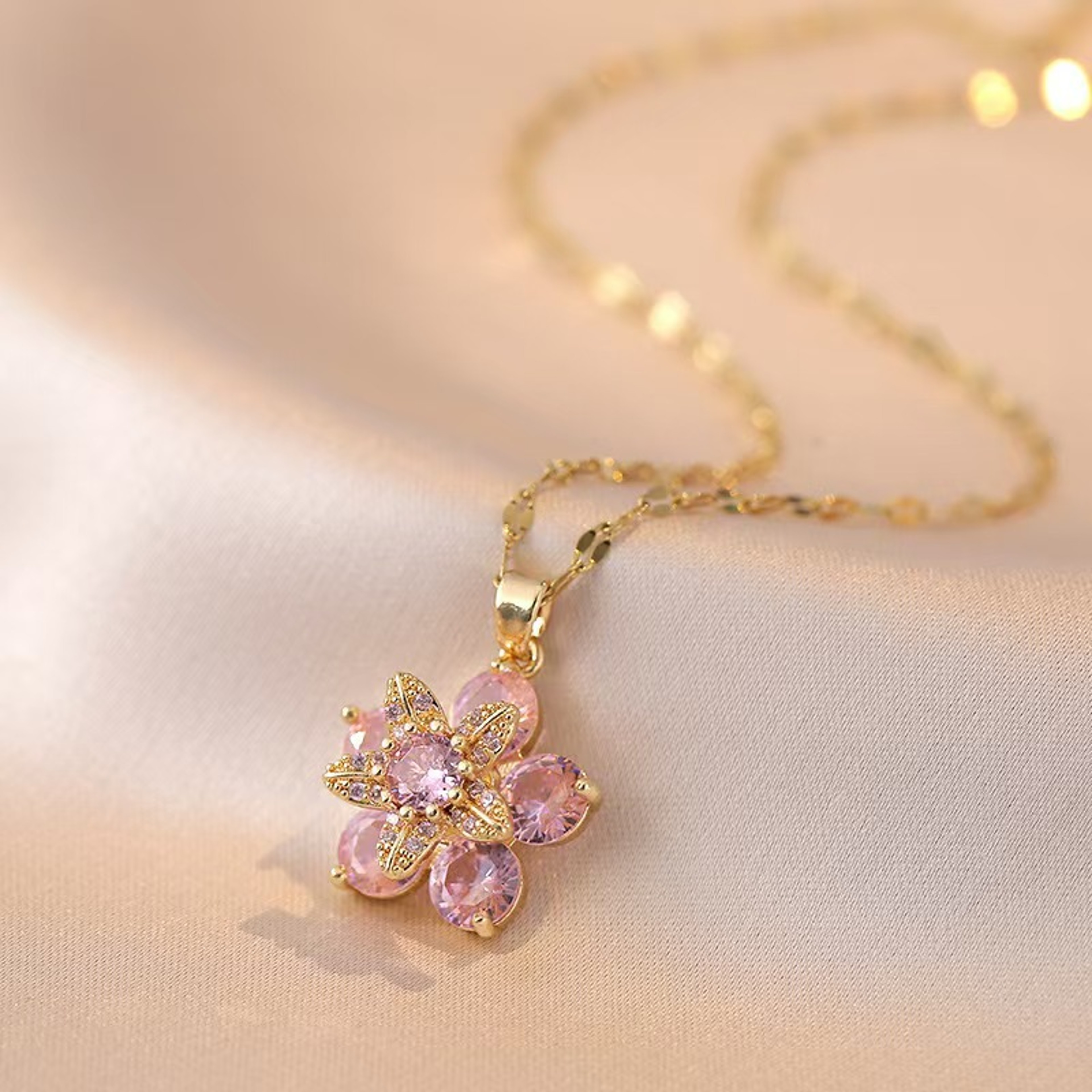 Gold Color Light Chrismas Zircon Flower Women Pendant Necklace High Sense Chain Jewelry Party And G 6