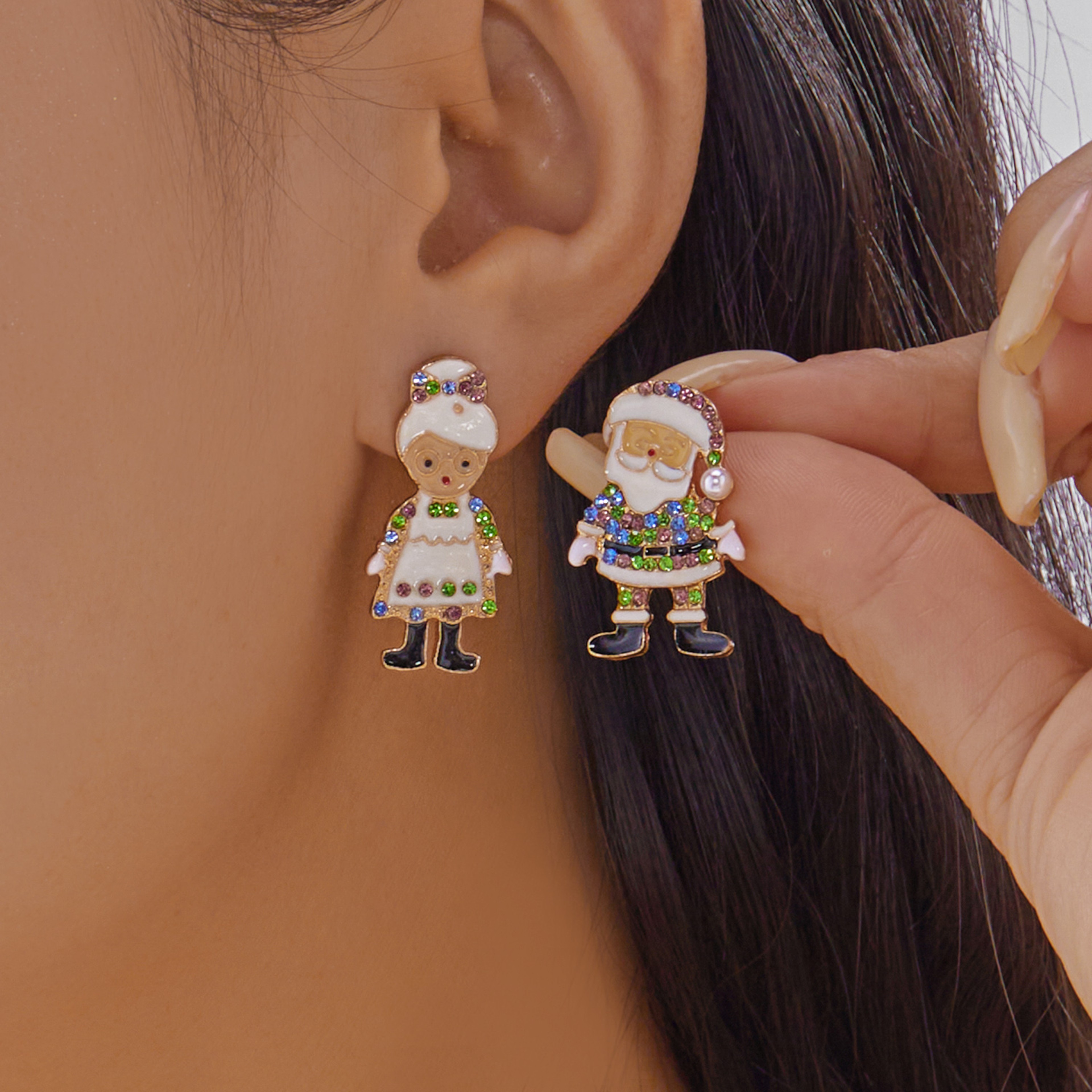 White Pearl Crystal Snowman, Elk Earrings, Creative Christmas Grandpa and Grandma Zircon Stud Earrings, New Year Jewelry – view 1