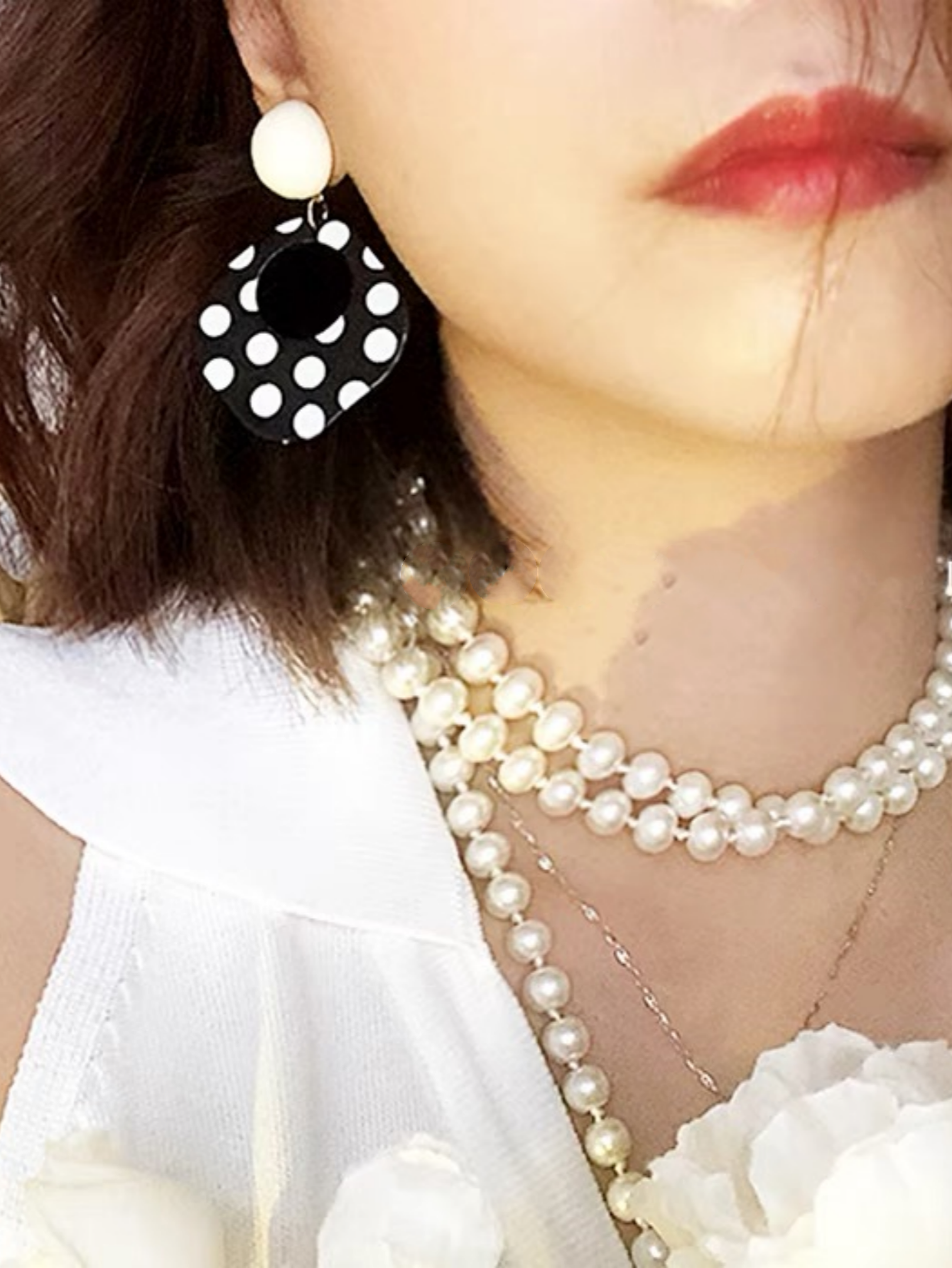 A Pair of Black and White large Polka Dot Hollow Geometric Shape Nostalgia Harbor Wind Earrings – view 3