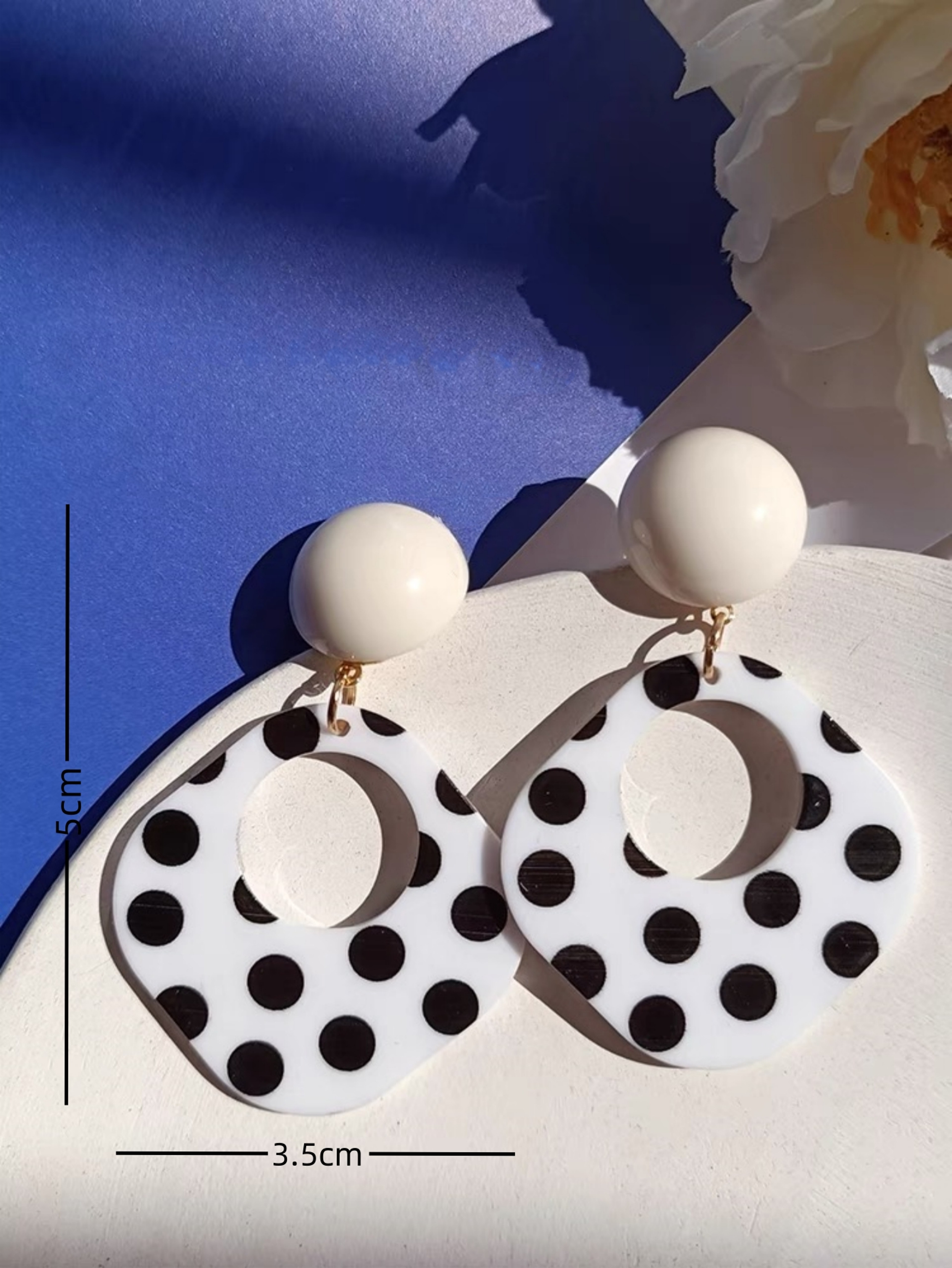 A Pair of Black and White large Polka Dot Hollow Geometric Shape Nostalgia Harbor Wind Earrings – view 6