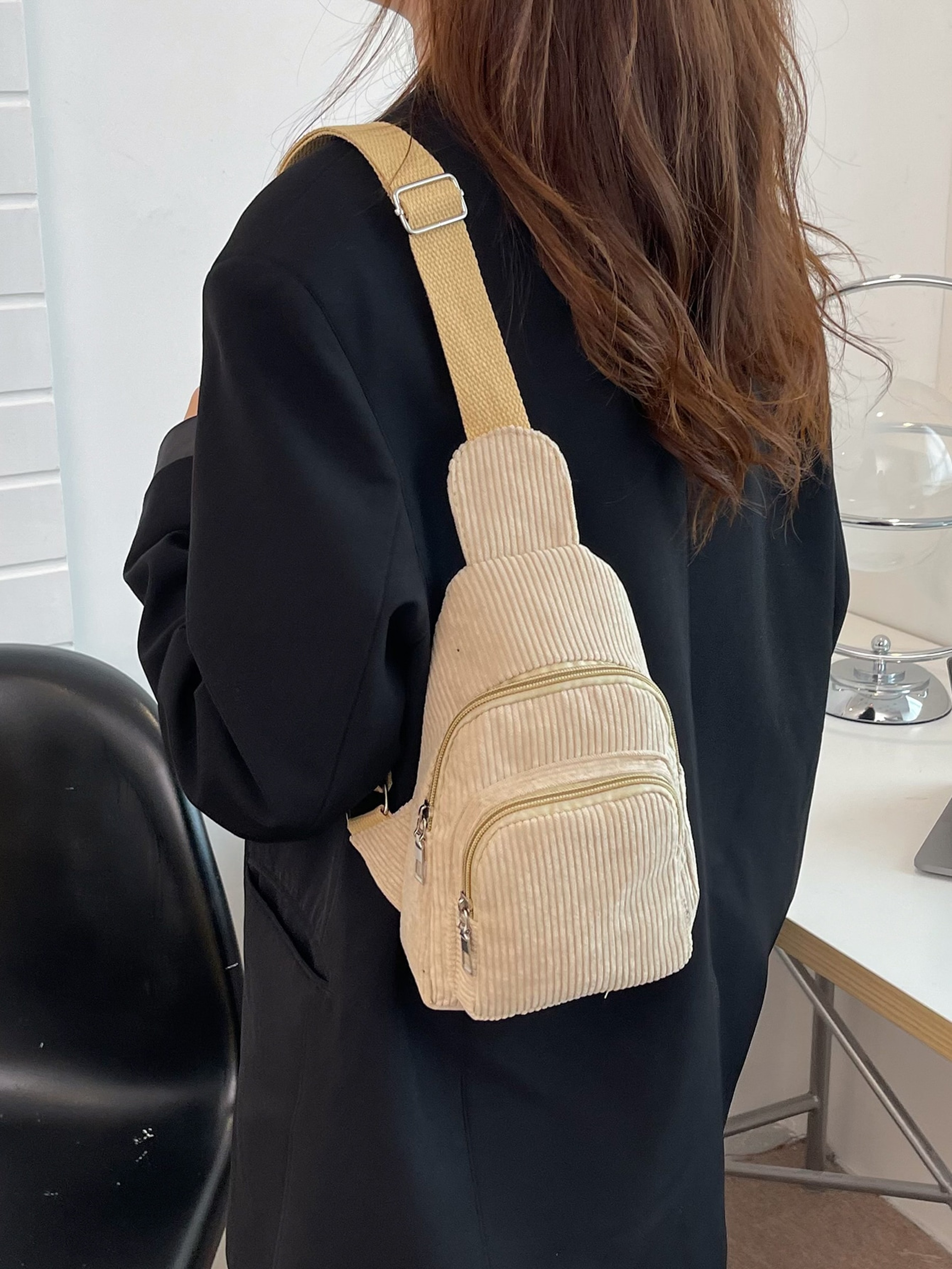 Womens Chest Bag Corduroy Small Bag Simple Crossbody Casual Lightweight Waist Bag Korean Style 0