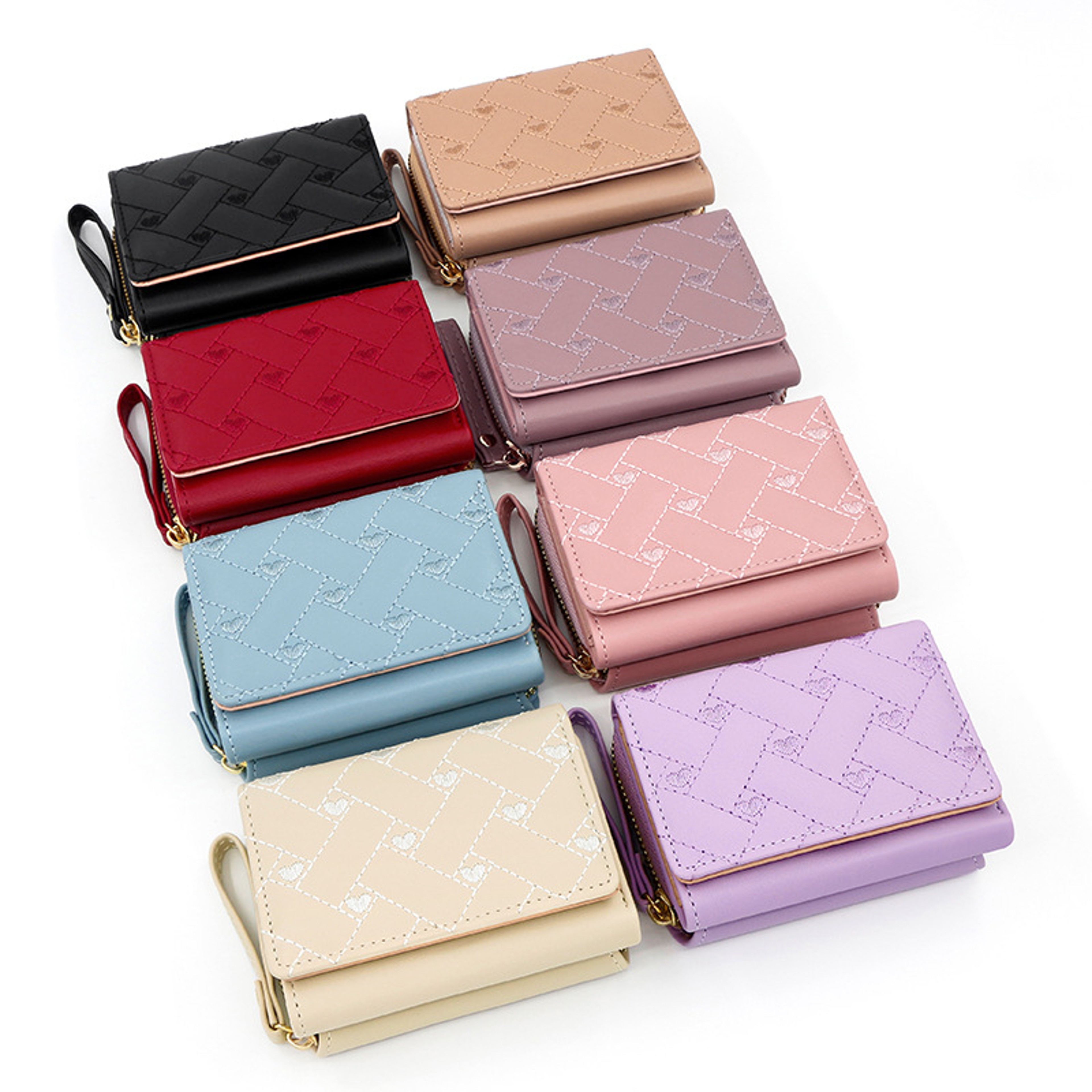 Multi Objects Pocket, Women's Wallet, Tri Fold Card Bag, Korean Minimalist, Embroidered Love Pattern – view 2