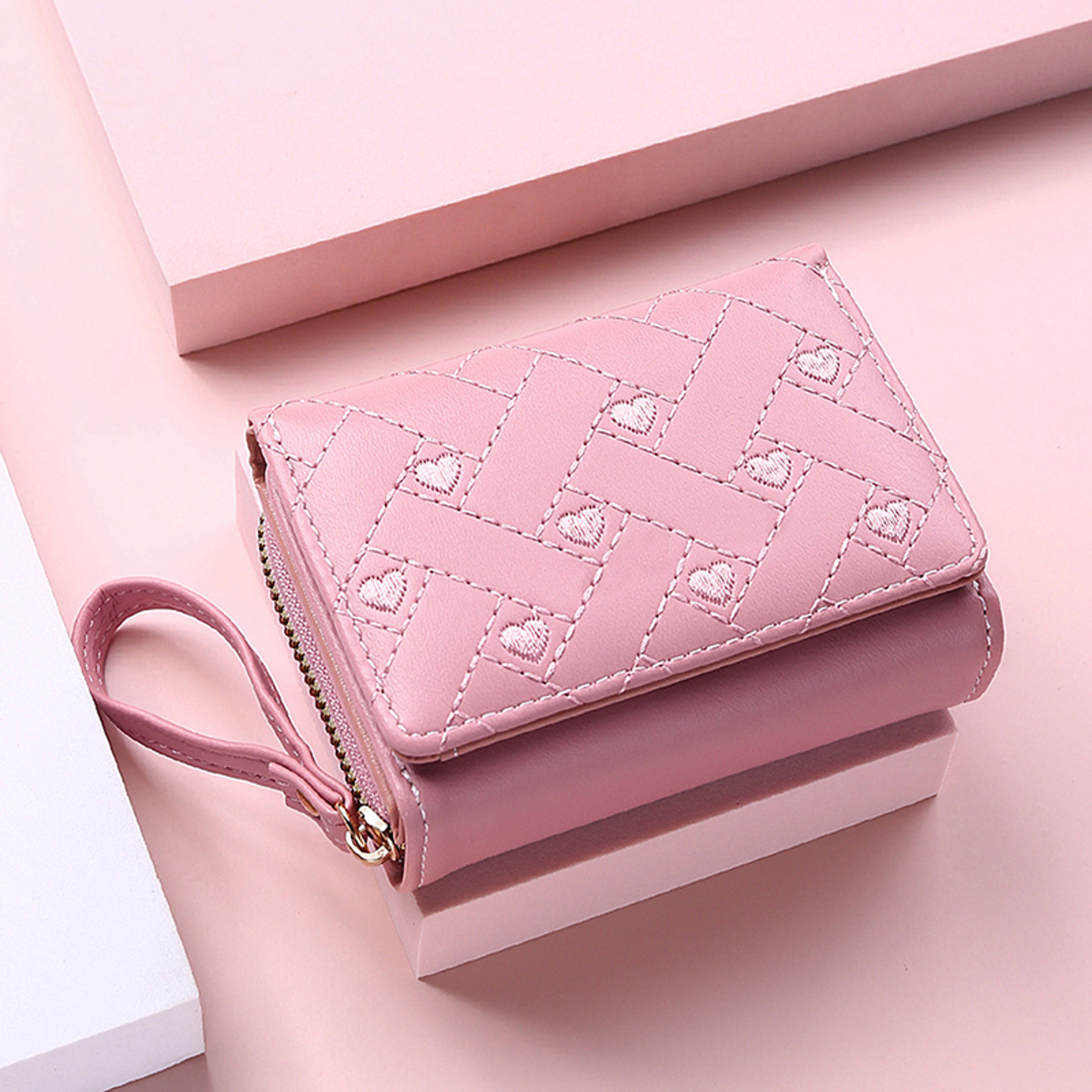 Multi Objects Pocket, Women's Wallet, Tri Fold Card Bag, Korean Minimalist, Embroidered Love Pattern – view 9
