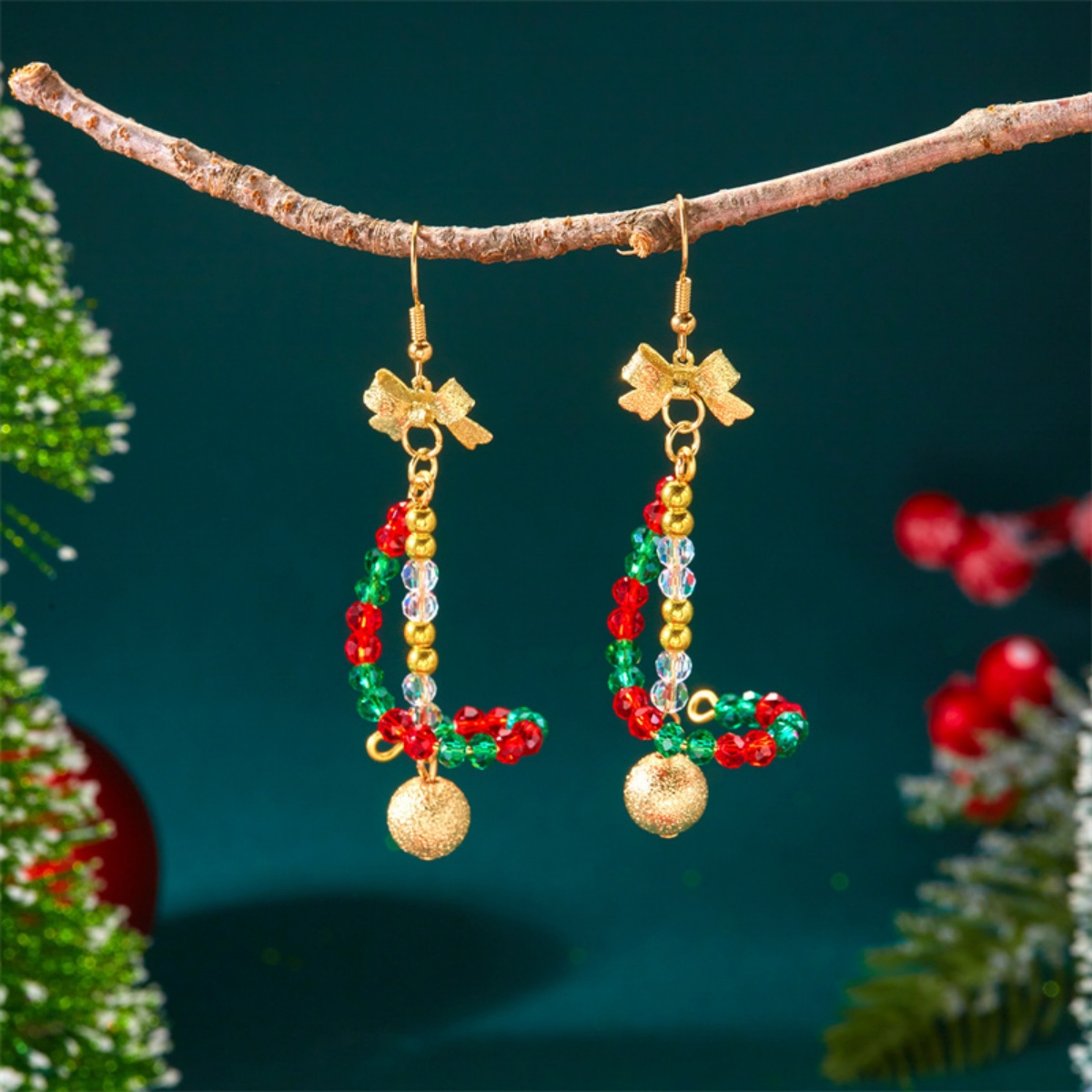 Creative Christmas Rice Crystal Bead Bowknot Snowflake Bells Drop Earrings Unique Xmas Paert Holida 1