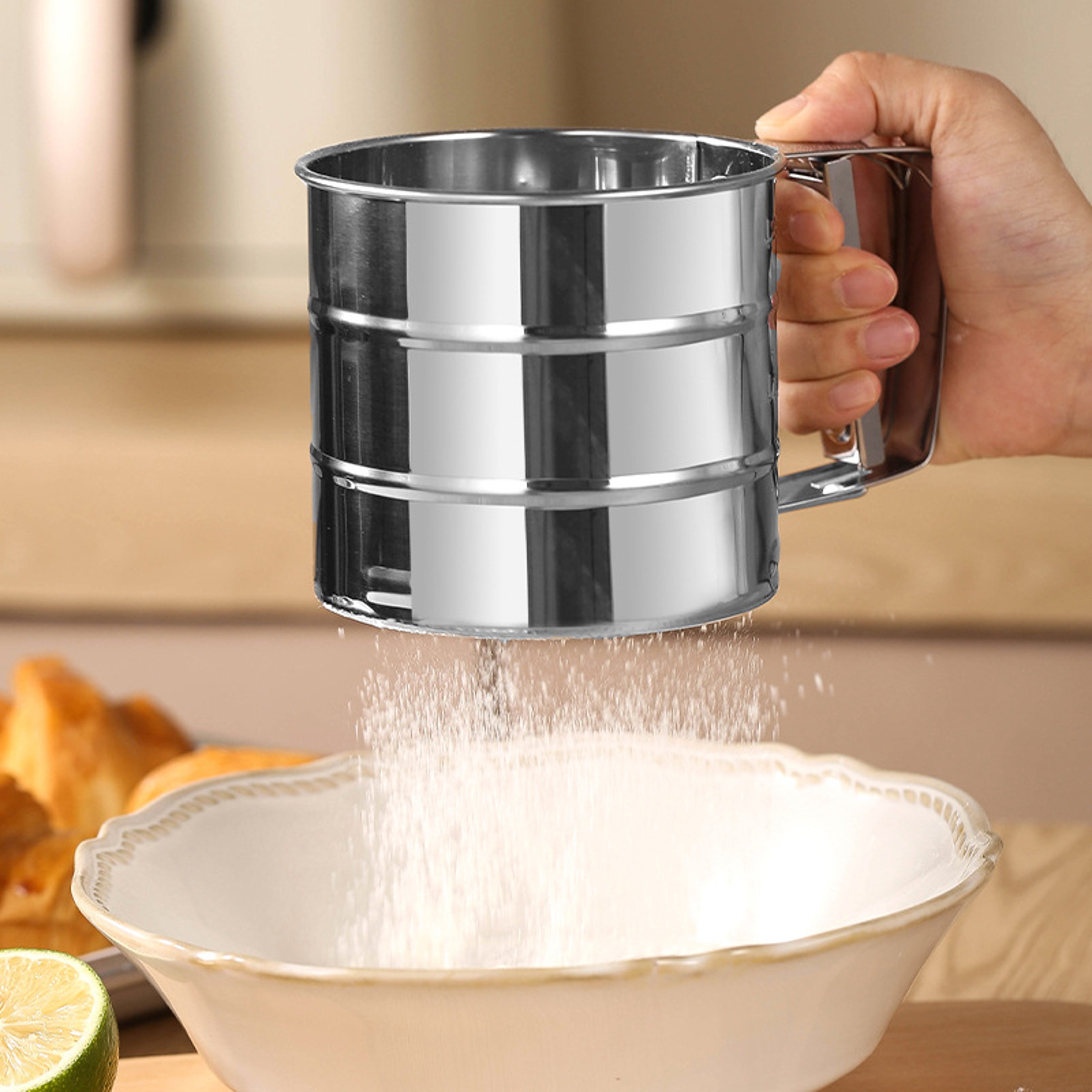 Hand Press Semi-automatic Sugar Flour Sifter, Stainless Steel Baking Tool with Scale – view 1