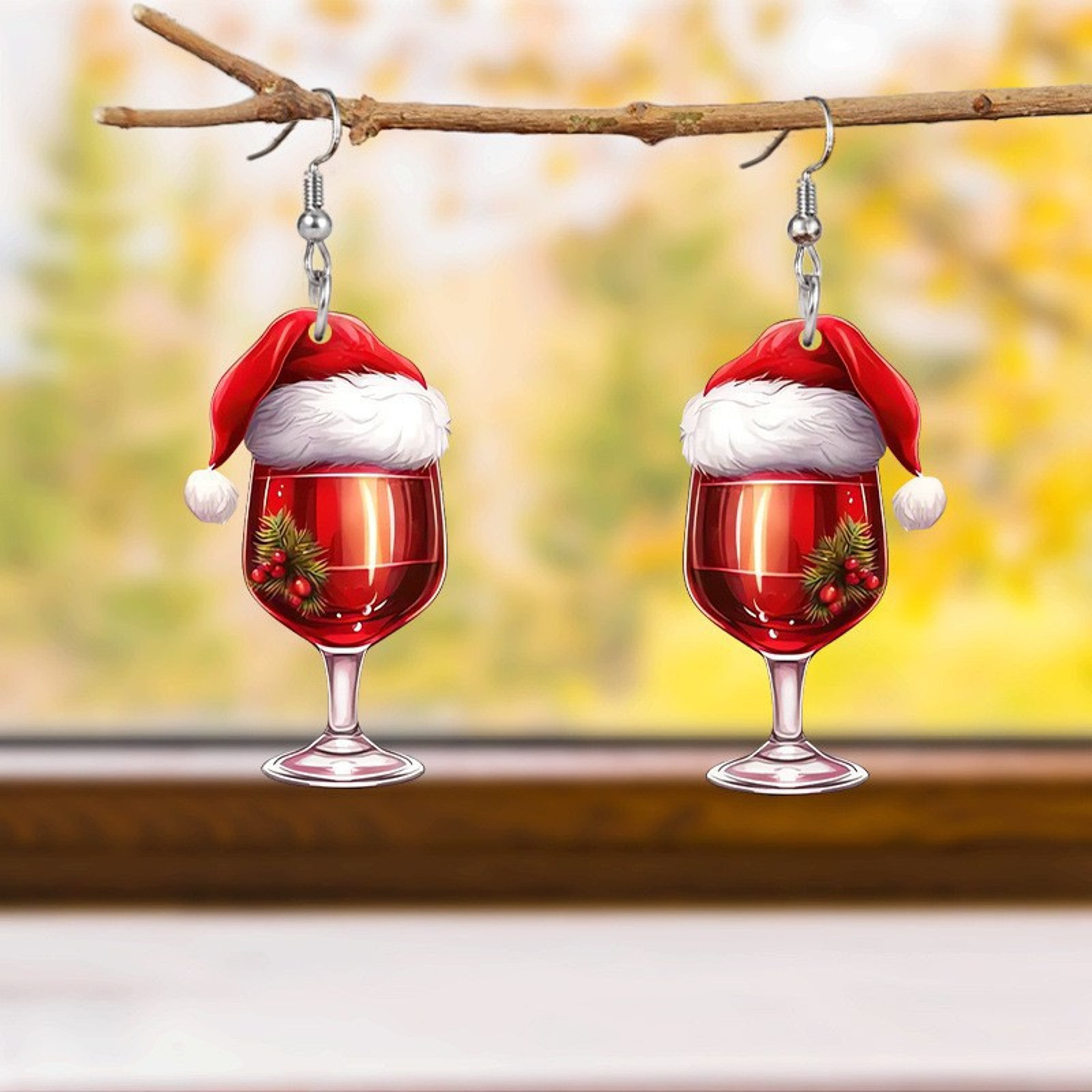 Christmas Hat Red Wine Glass Earrings, Acrylic Holiday Party Gift for Women – view 6