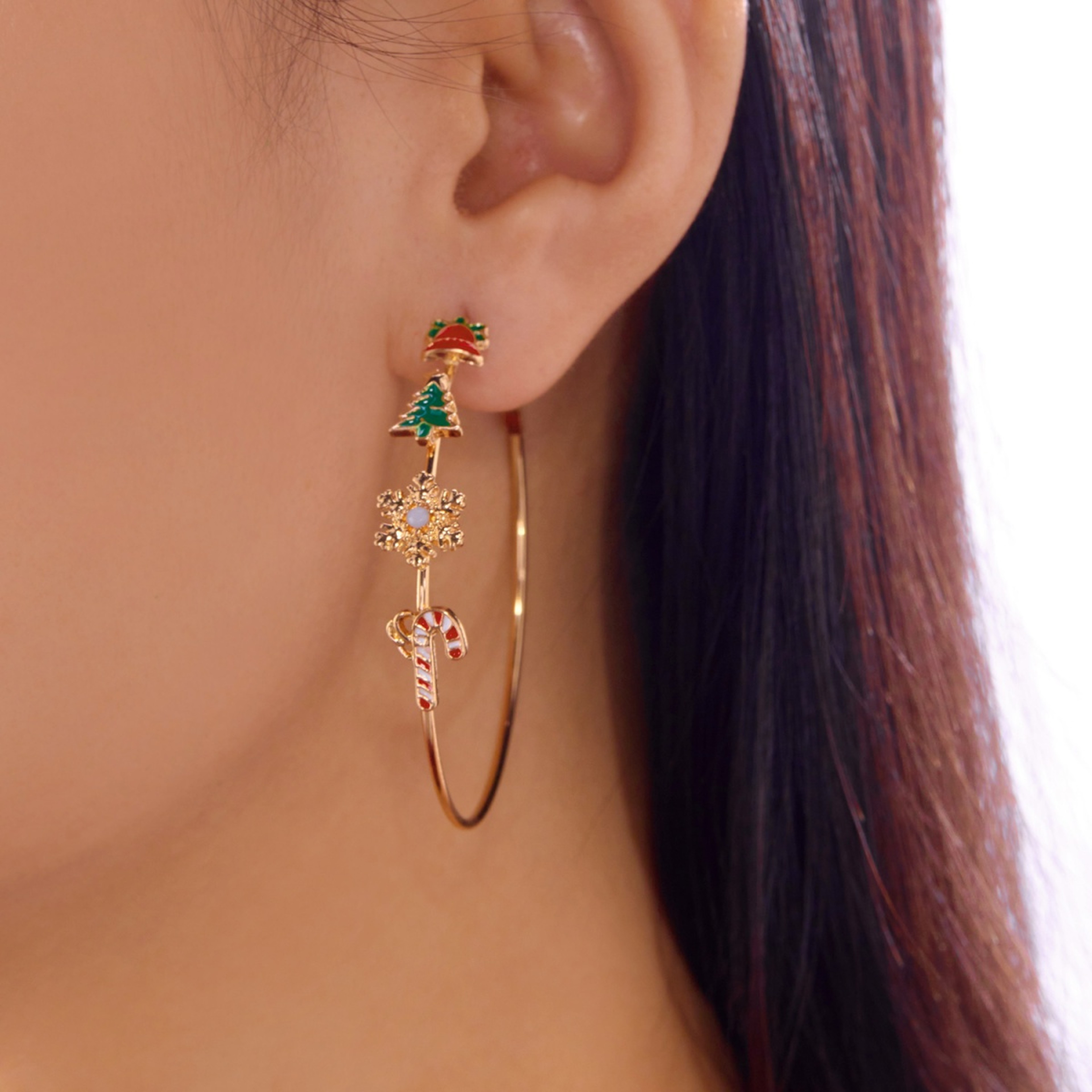 Holiday Dangle Earrings, Exaggerated Christmas Bell Tree Snowflake Hoop Earrings, Round Circle Earrings for Women – view 6