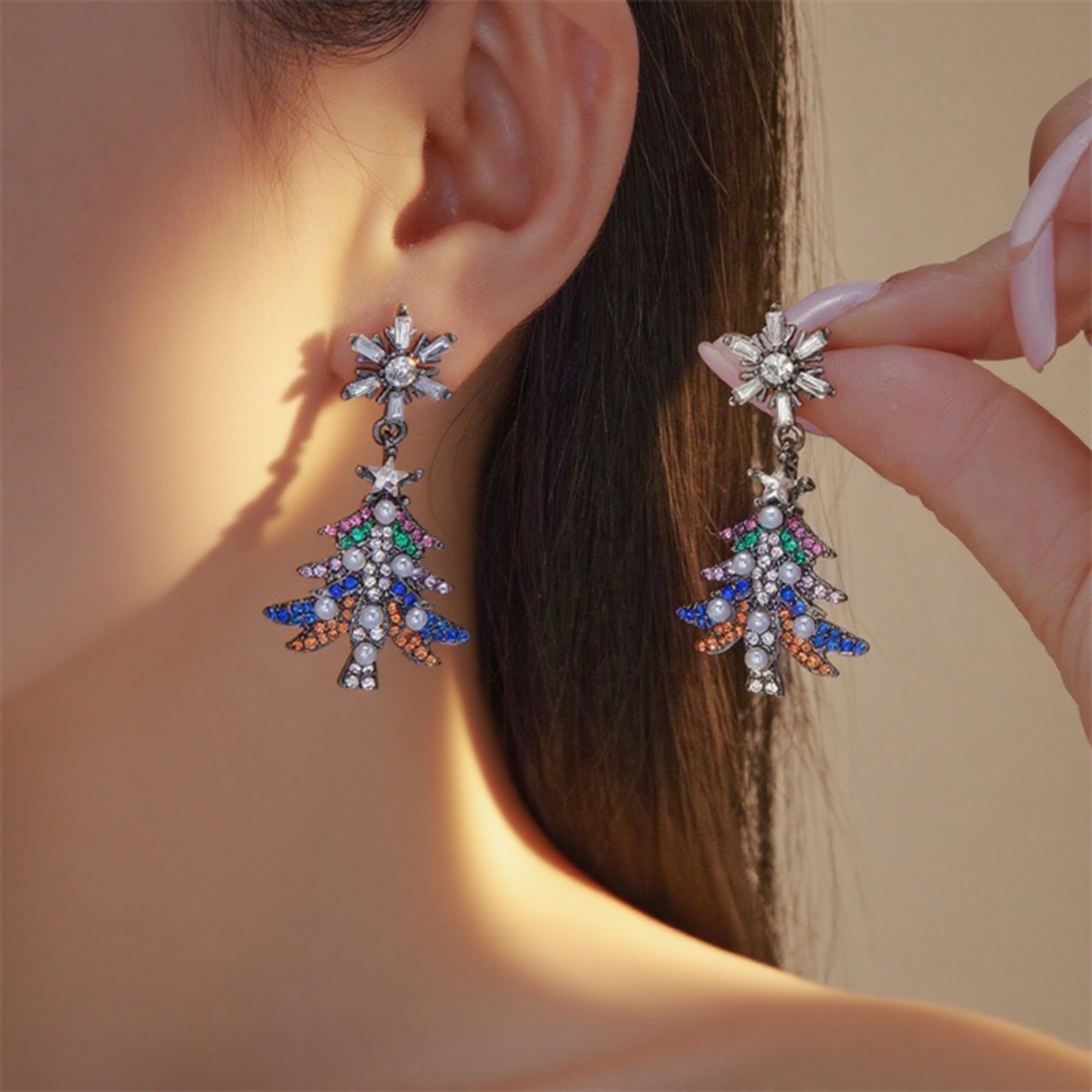 Holiday Tree Star Bell Dangle Earrings, Rhinestone Snowflake Jewelry for Christmas and New Year – view 10