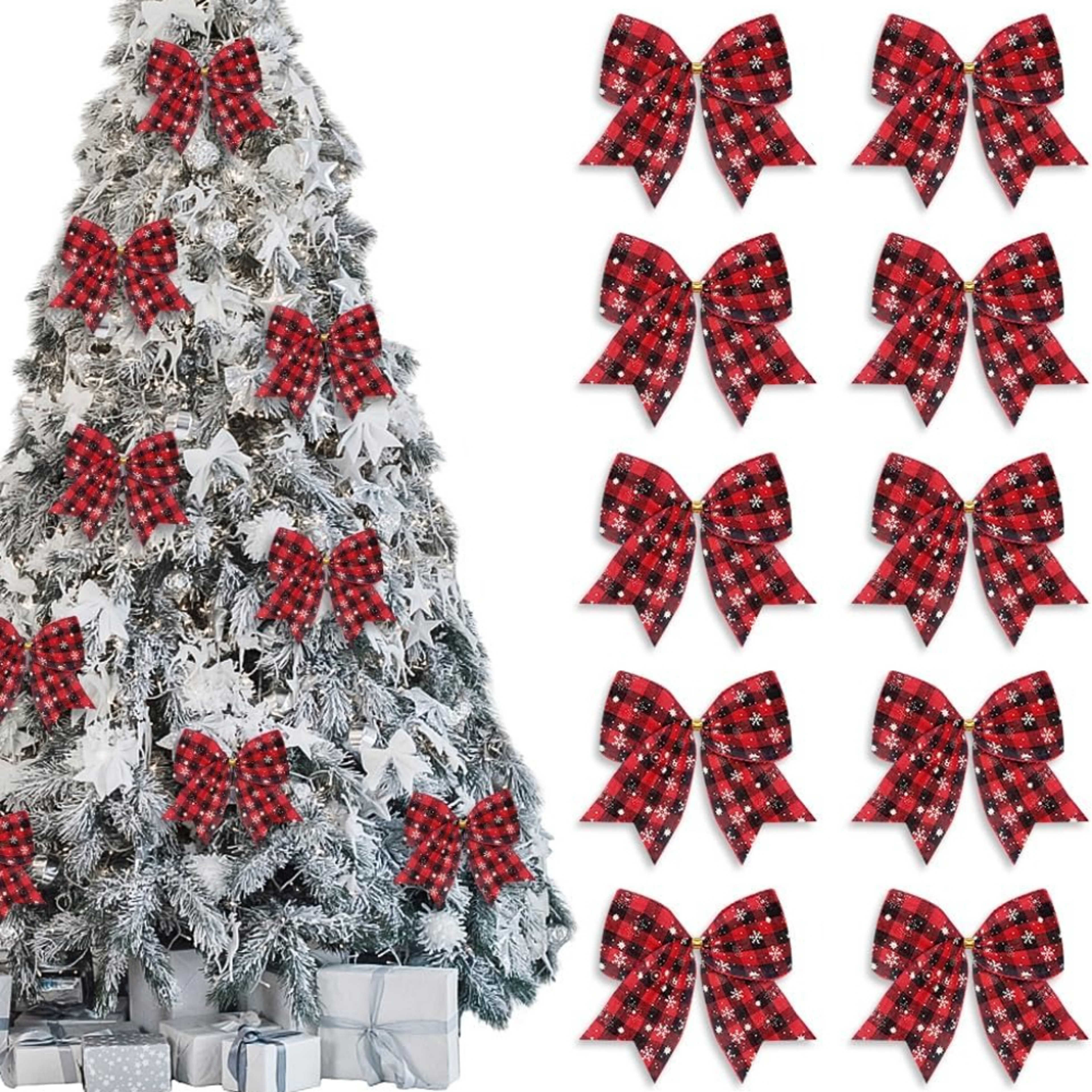 Christmas Wreath Bows Red, Black Buffalo Plaid Winter Holiday, Snowflake Craft Tree Bows for Basket, Christmas Decor – view 1
