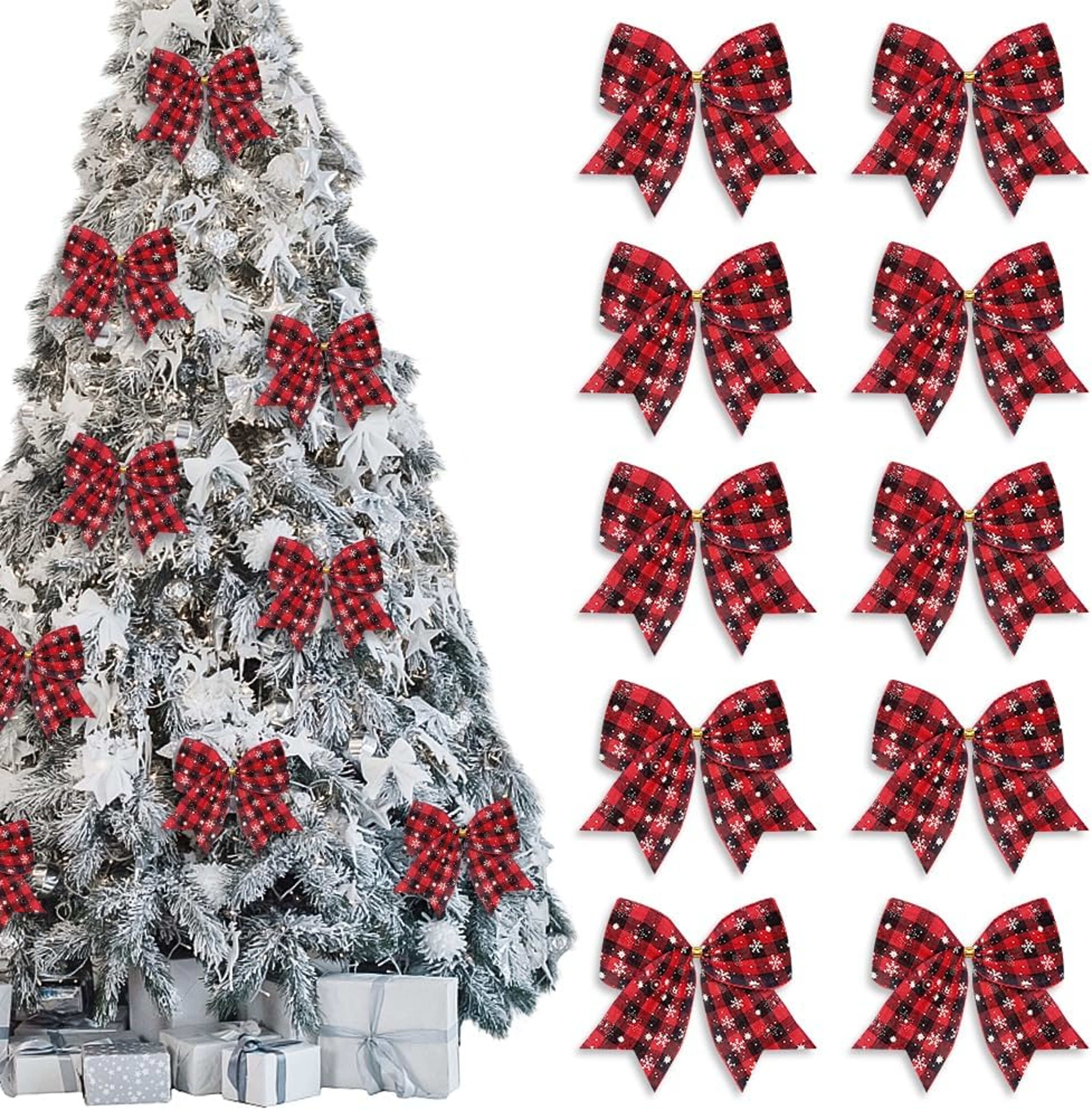 Christmas Wreath Bows Red, Black Buffalo Plaid Winter Holiday, Snowflake Craft Tree Bows for Basket, Christmas Decor – view 6