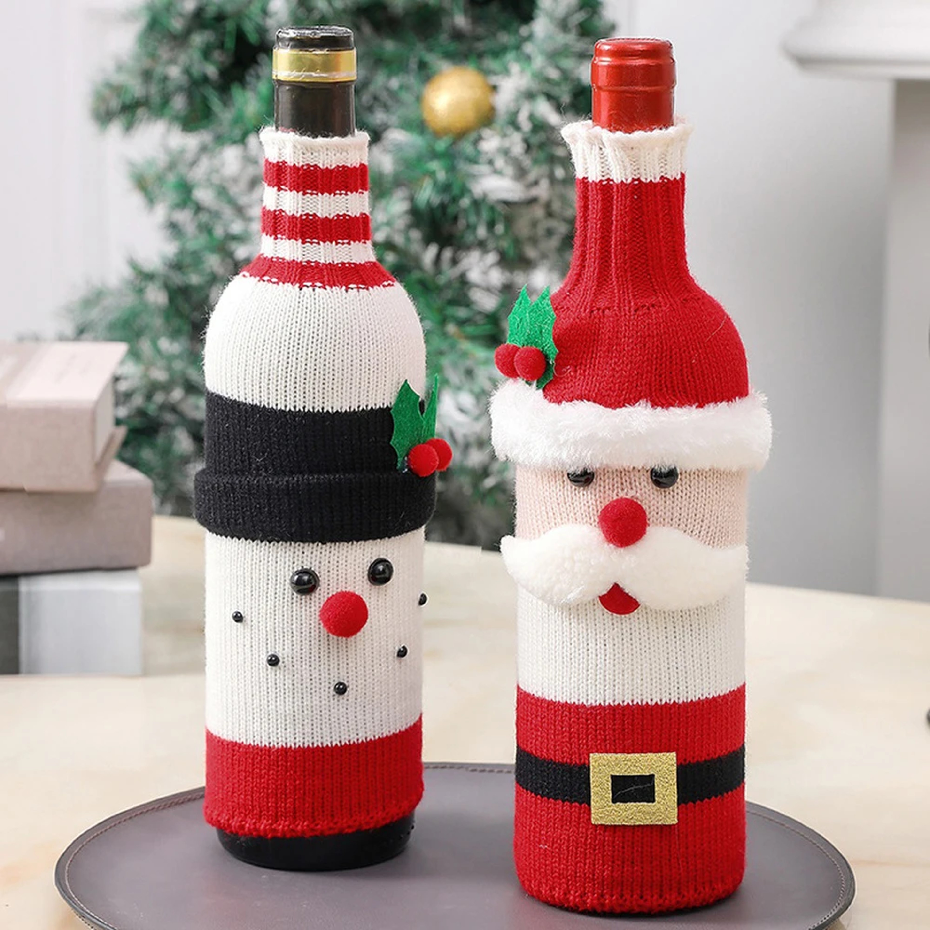 Cute Cartoon Santa Snowman Woven Wine Bottle Bags for Christmas, Home Table Christmas Party Dinner Table Decorations – view 5