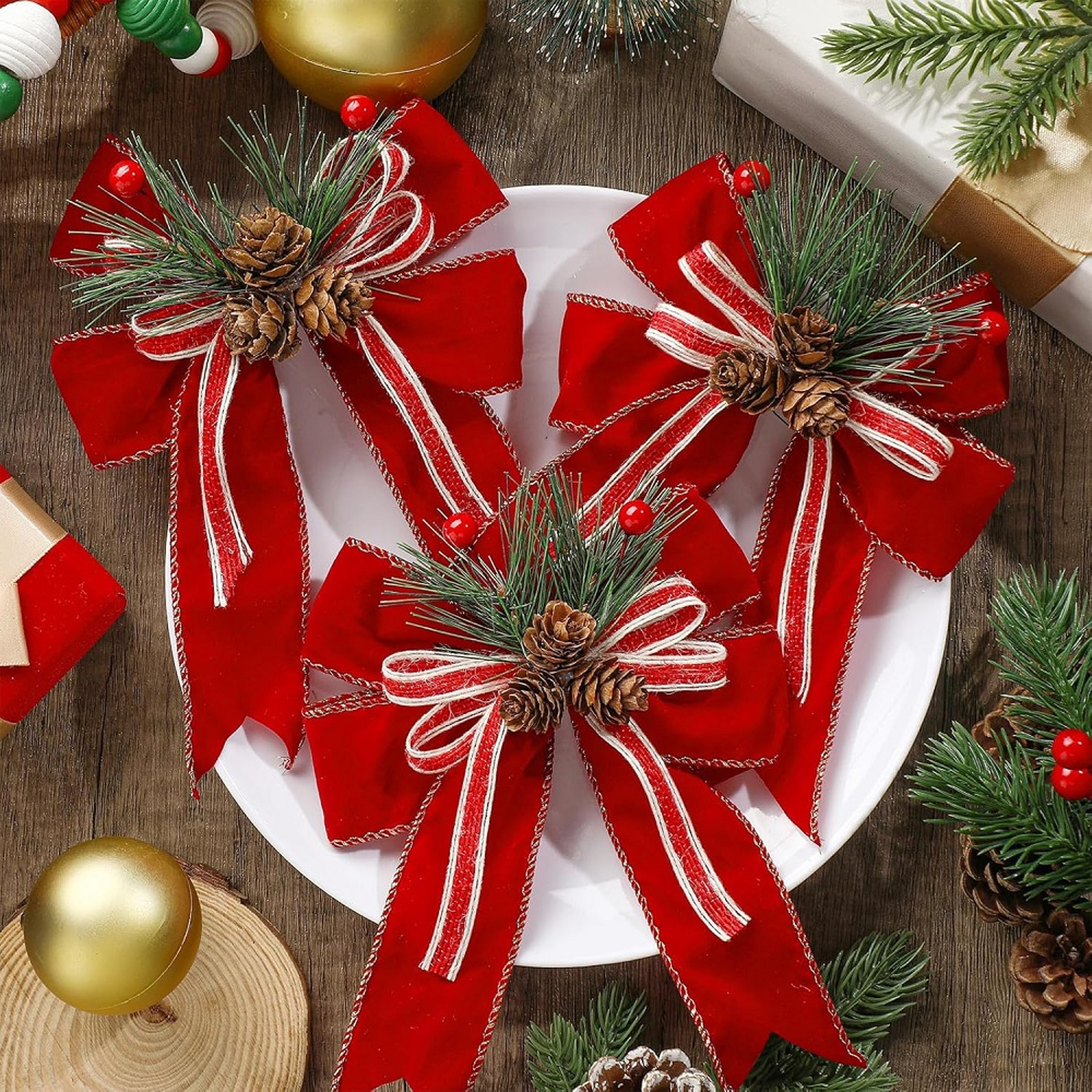 Chrismas Checkered Ribbon Bow Set With Pine Cones And Needles For Indoor And Outdoor Christmas Deco 4