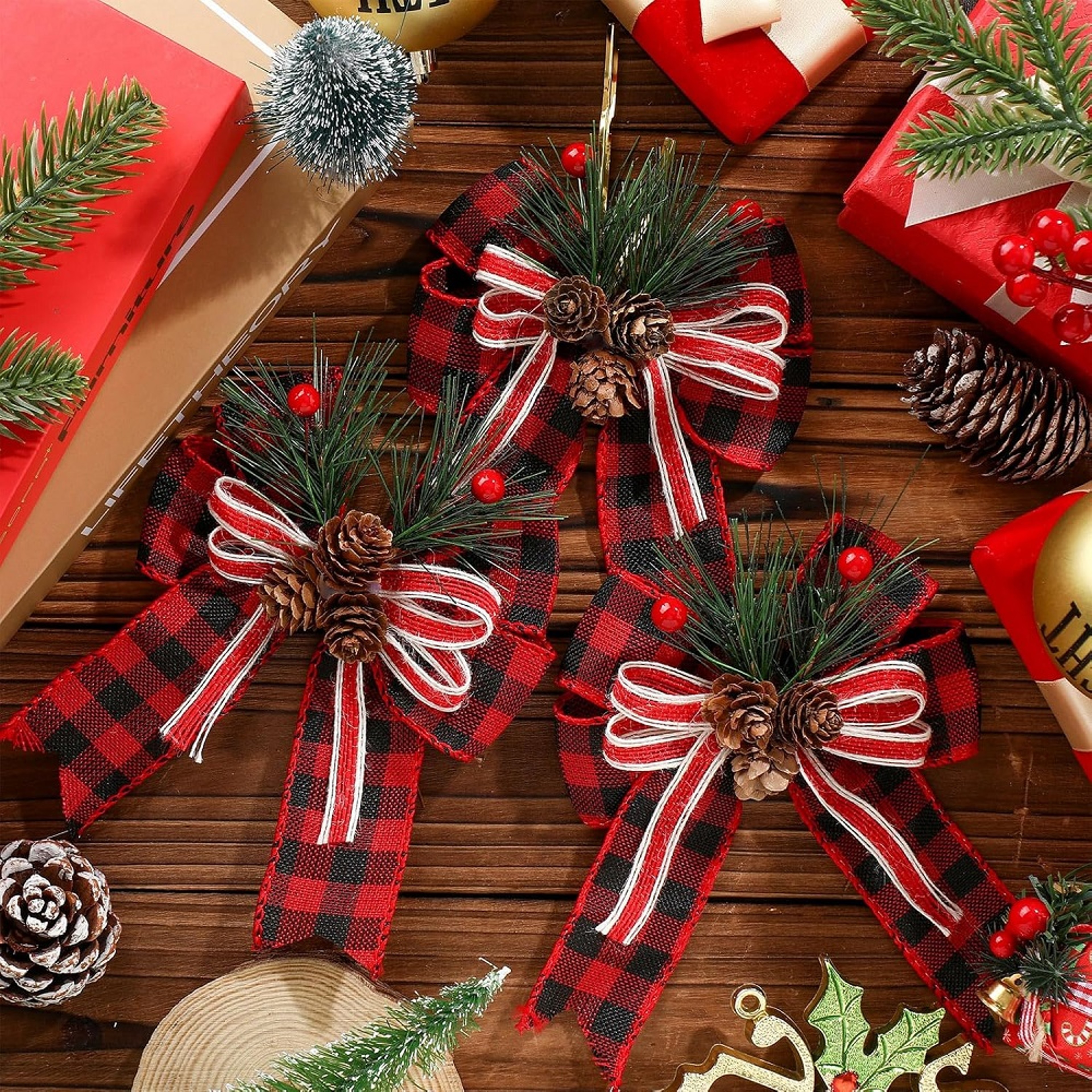 Chrismas Checkered Ribbon Bow Set With Pine Cones And Needles For Indoor And Outdoor Christmas Deco 5