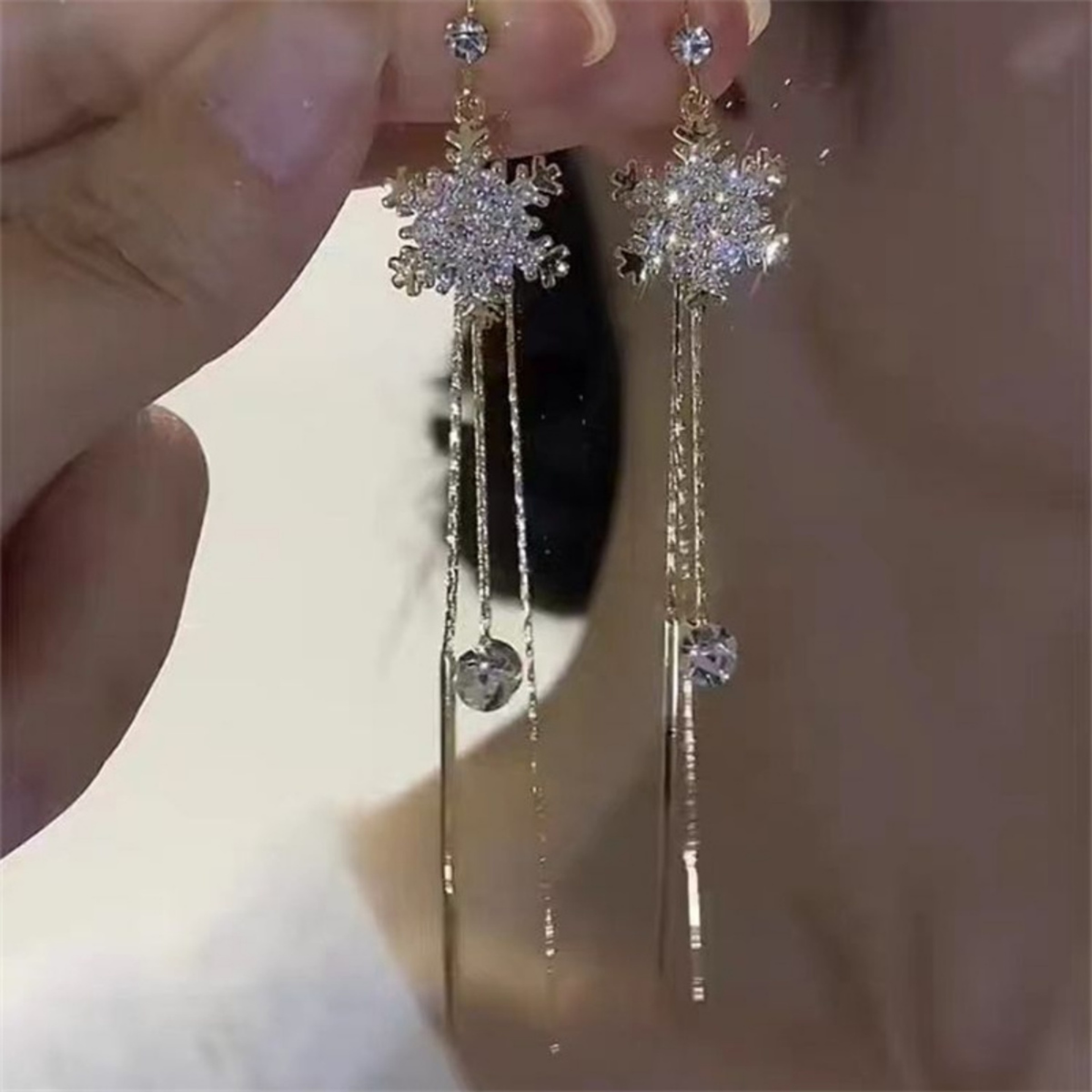 Long Fringe Drop Earrings with Snowflake Design, Full Zircon Inlaid for Women Snow Flower Ear Line For Women Men Jewelry – view 1