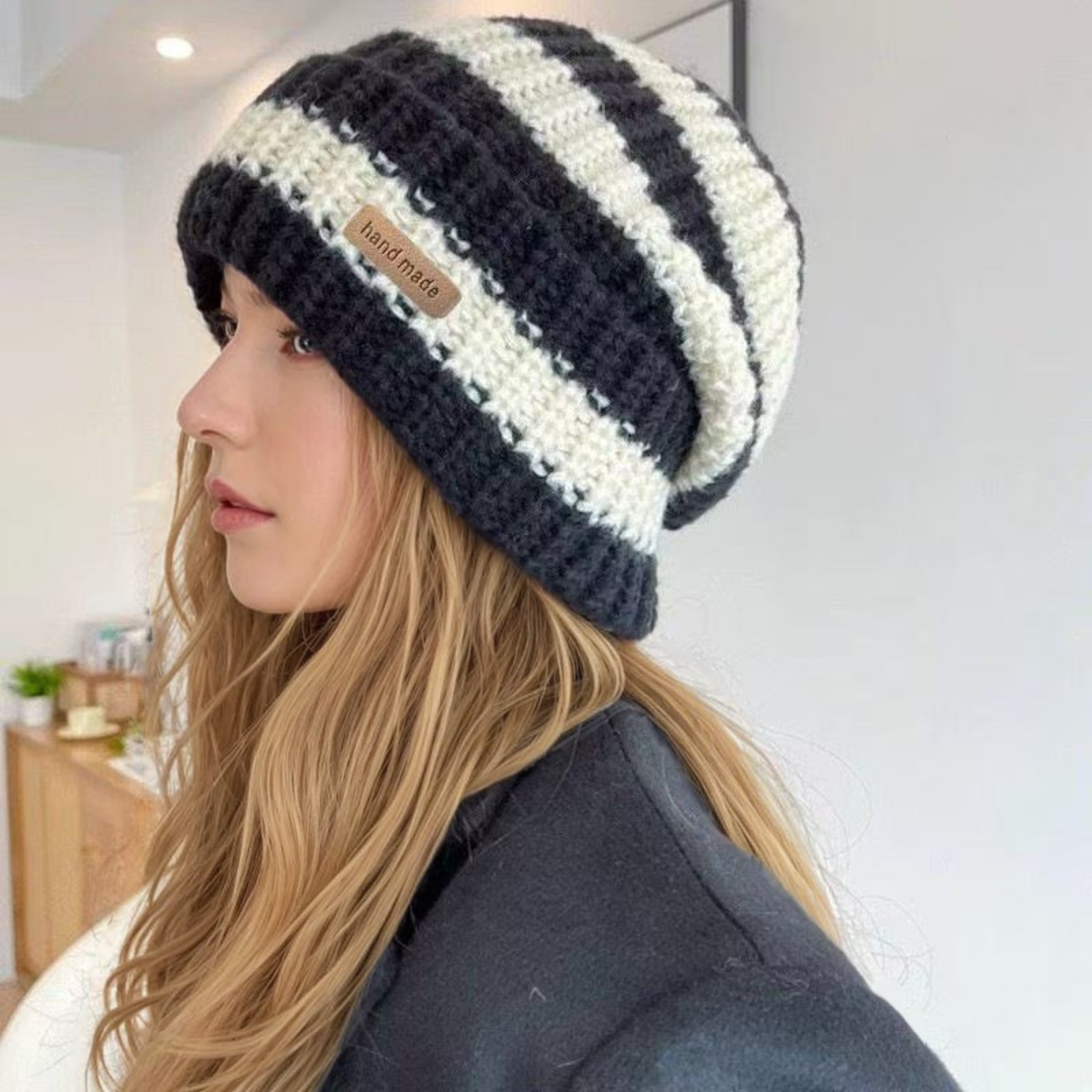 Fashion Stripe Stitching Beanie Hat Soft, Hot Sale Women Slouchy Winter Hat, Knit Hats Female Streetwear Cap Cozy Fit – view 2