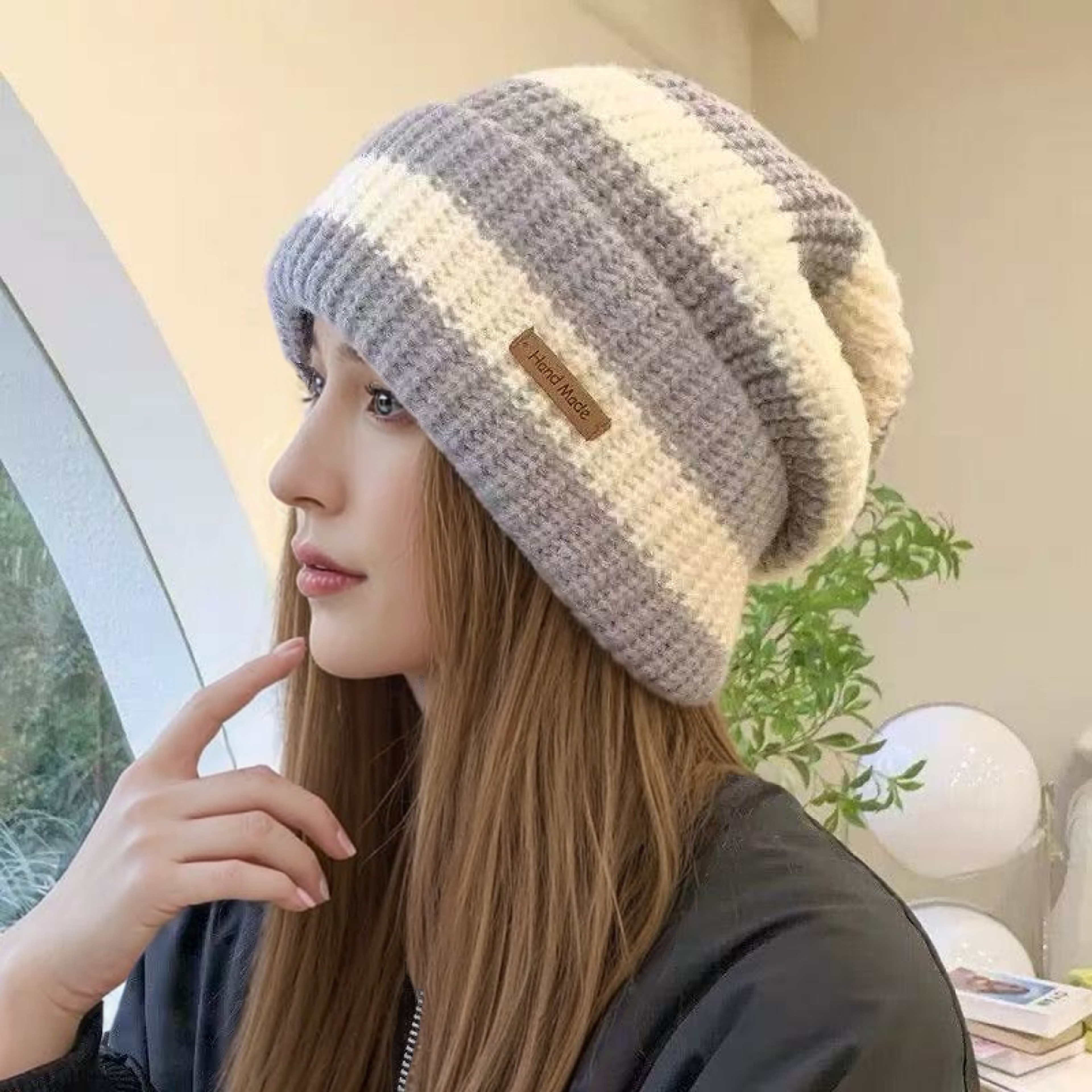 Fashion Stripe Stitching Beanie Hat Soft, Hot Sale Women Slouchy Winter Hat, Knit Hats Female Streetwear Cap Cozy Fit – view 3