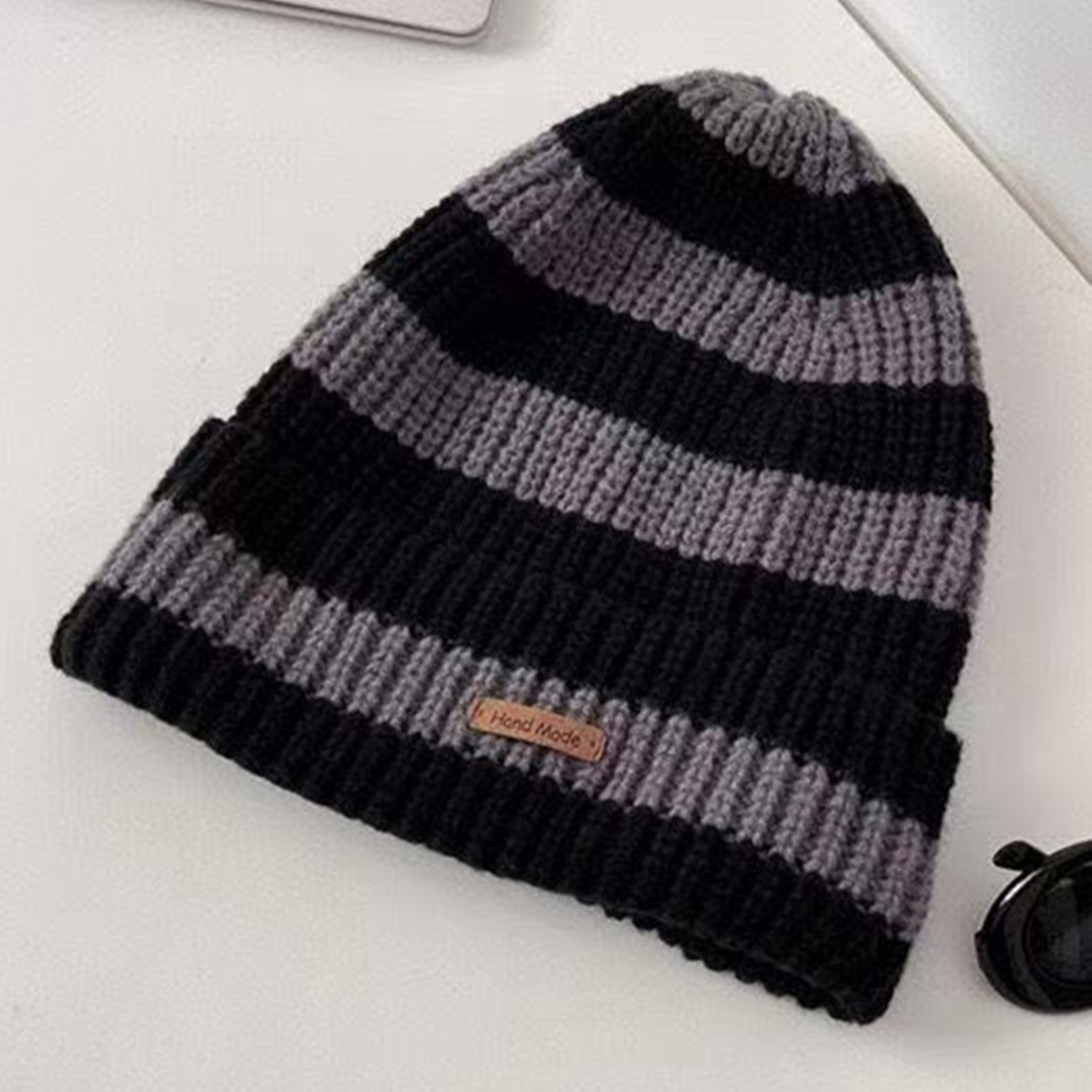 Fashion Stripe Stitching Beanie Hat Soft, Hot Sale Women Slouchy Winter Hat, Knit Hats Female Streetwear Cap Cozy Fit – view 5