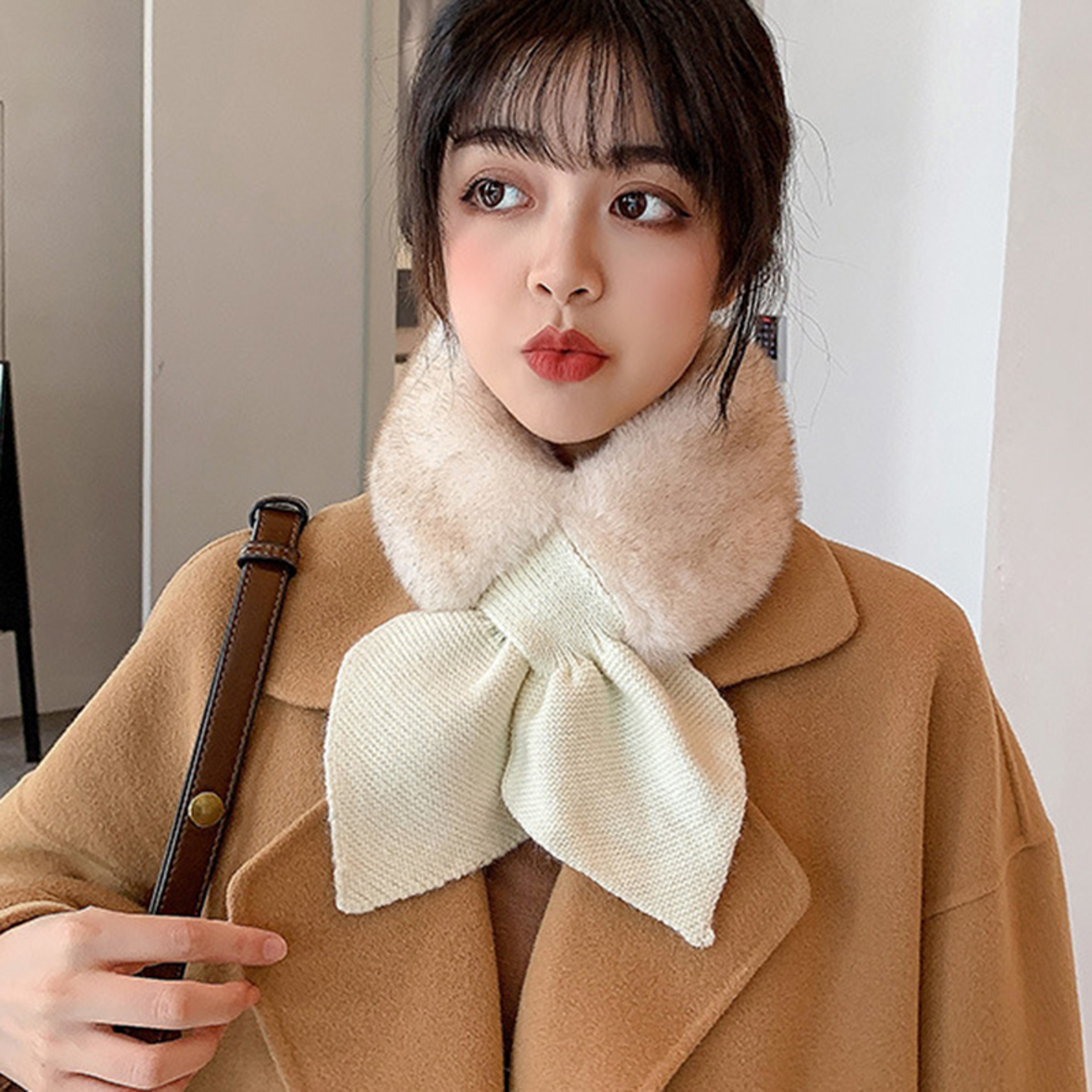All-Match Knitted Scarf for Women, Soft Winter Shawl, Female Cross Straps Neck Scarf, Sweet Girls Autumn Winter Scarf – view 2