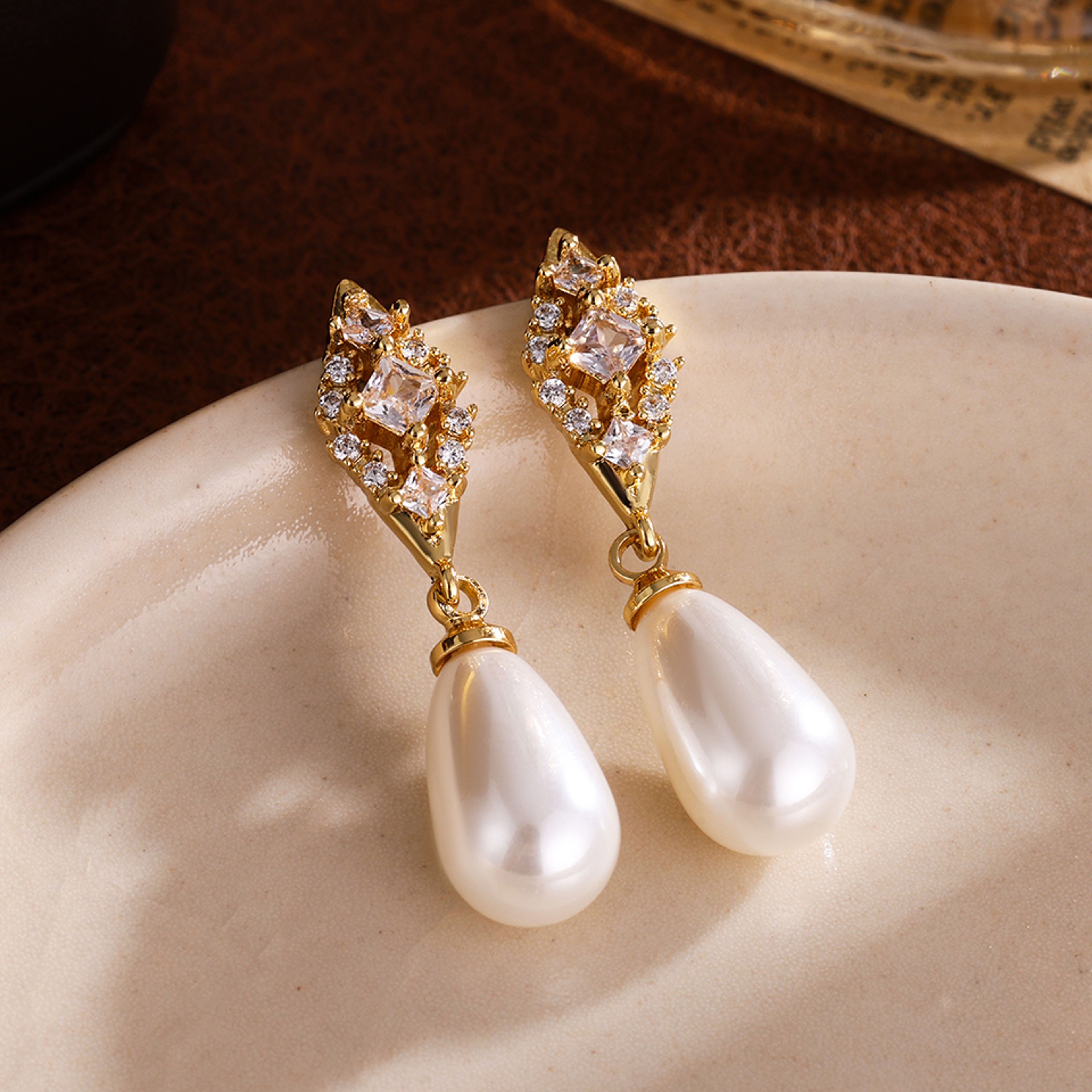 Pearls Bridal Earrings Fashion Geometric Zircon Teardrop Jewelry Silver Gold Color Accessories For  6