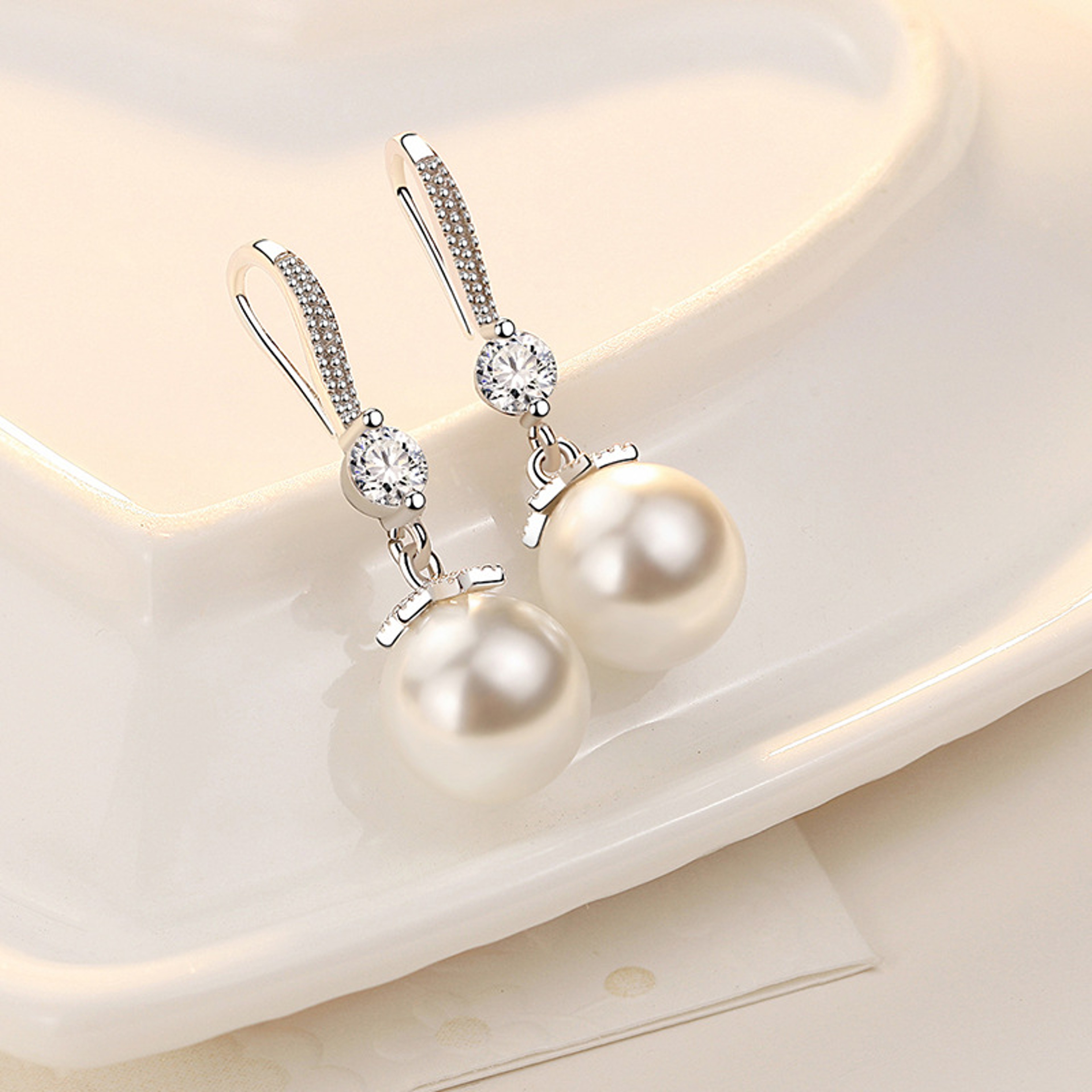 Luxury Crystal Zircon Pearl Earrings in Fine Sterling Silver for Women Engagement Wedding Jewelry Gift – view 4
