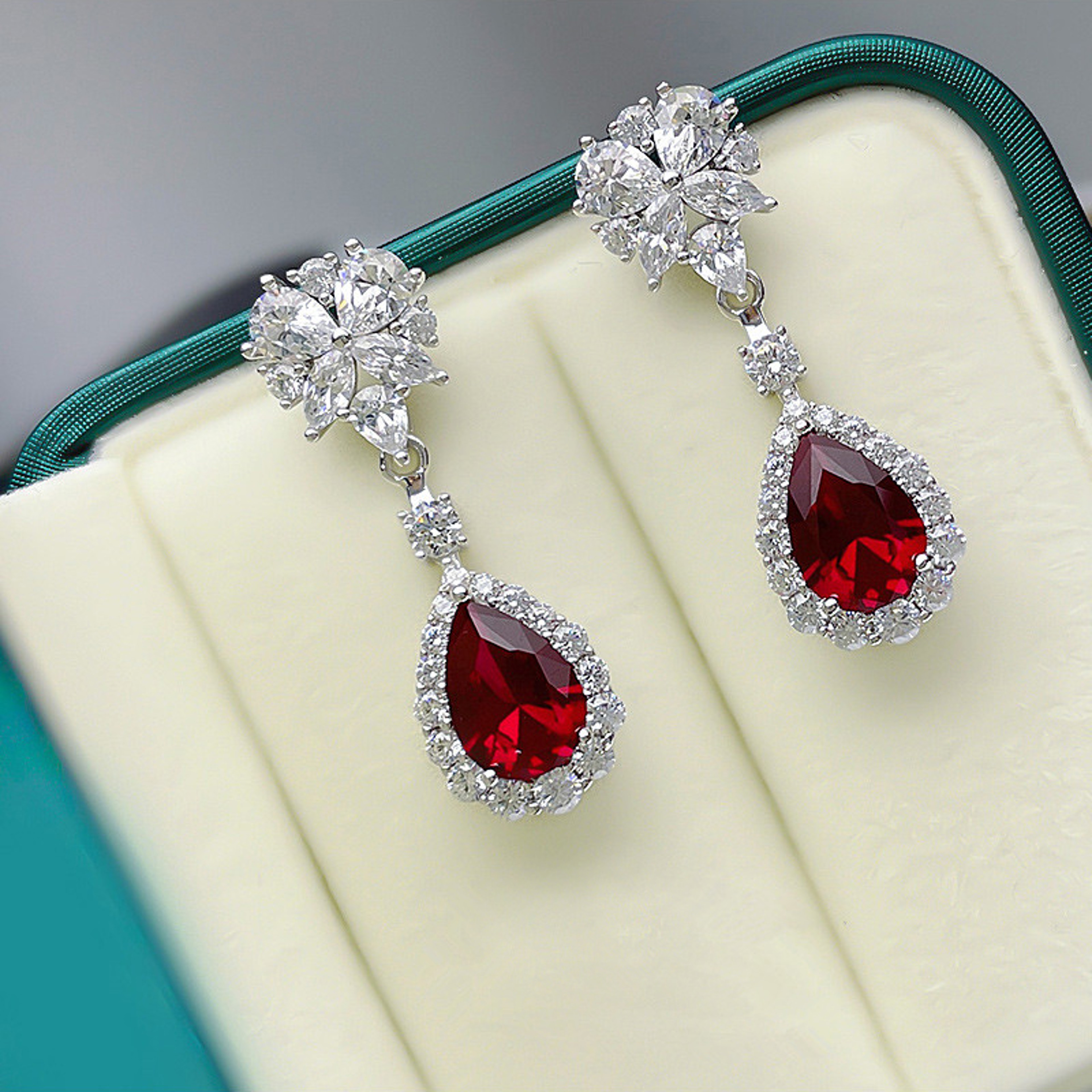 Huitan Bright Red Dangle Earrings, Trendy Jewelry for Women, Aesthetic Flower Design, Bridal Wedding Anniversary Gift – view 2