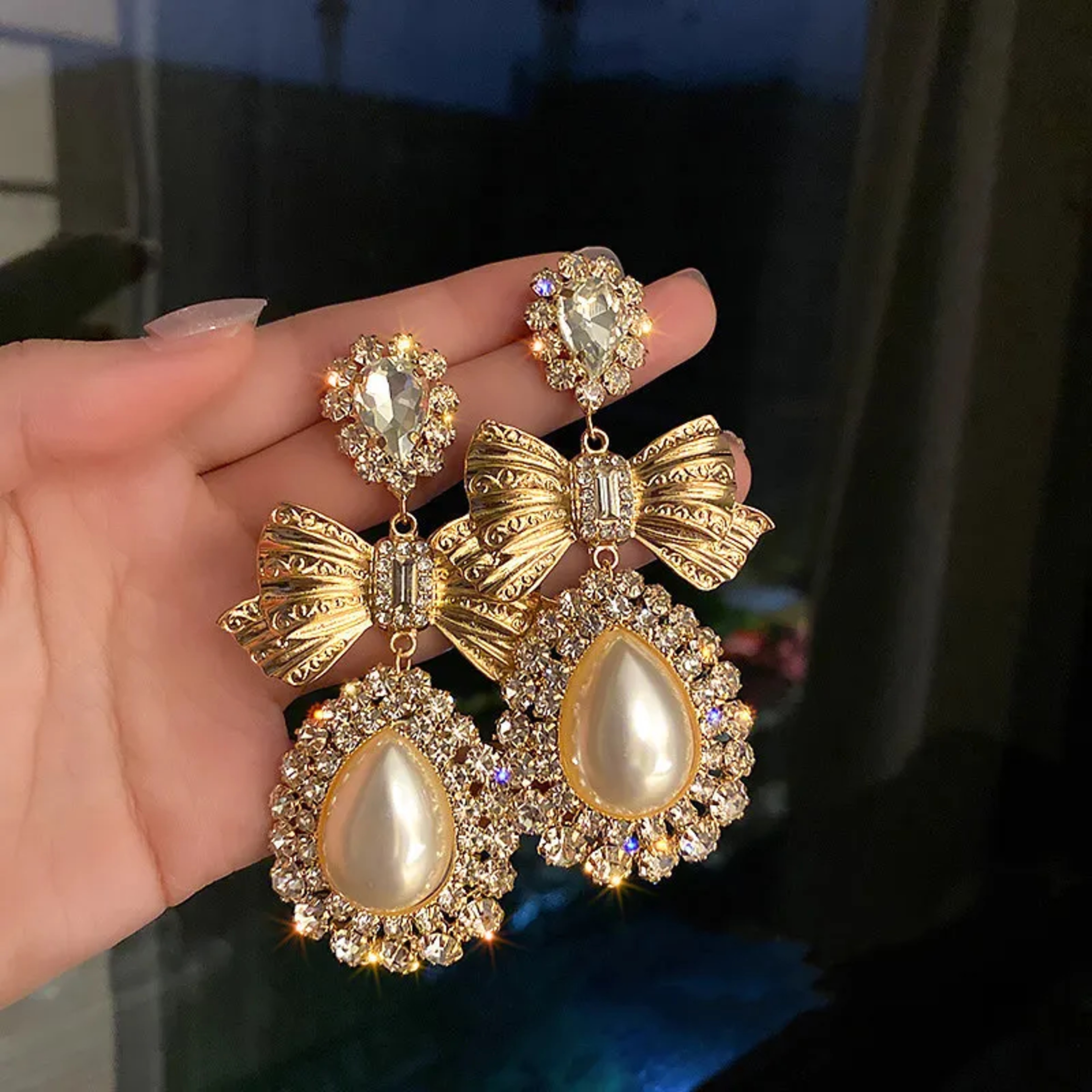 Oversize Water Drop Pearl Earrings Vintage Gold Bowknot Crystal Statement Jewelry Dangle Earrings S 0