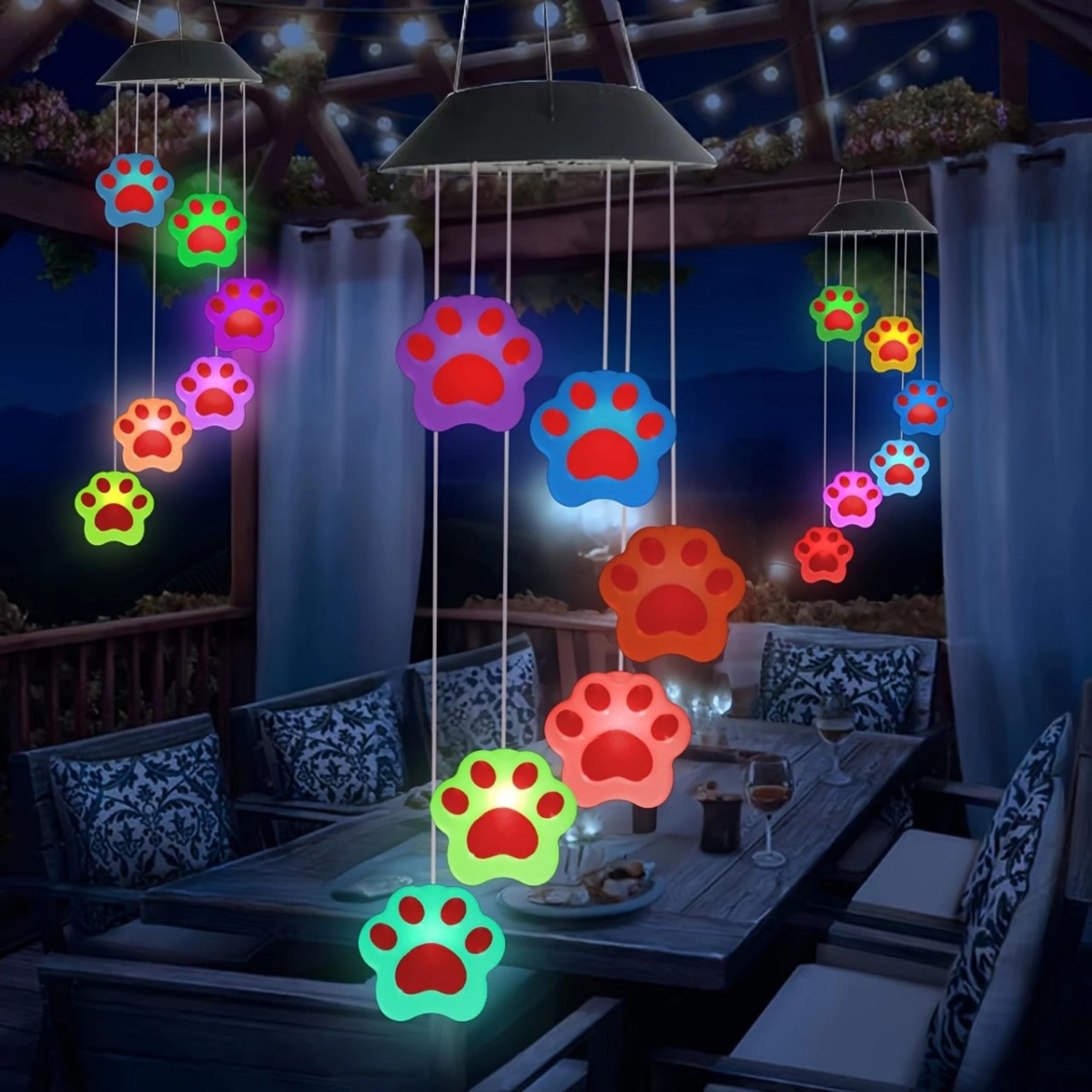 Outdoor Colorful Garden Lights 1 Set Of Vibrant Paw Print Solar Wind Chime Lights Easy Install Brig 0