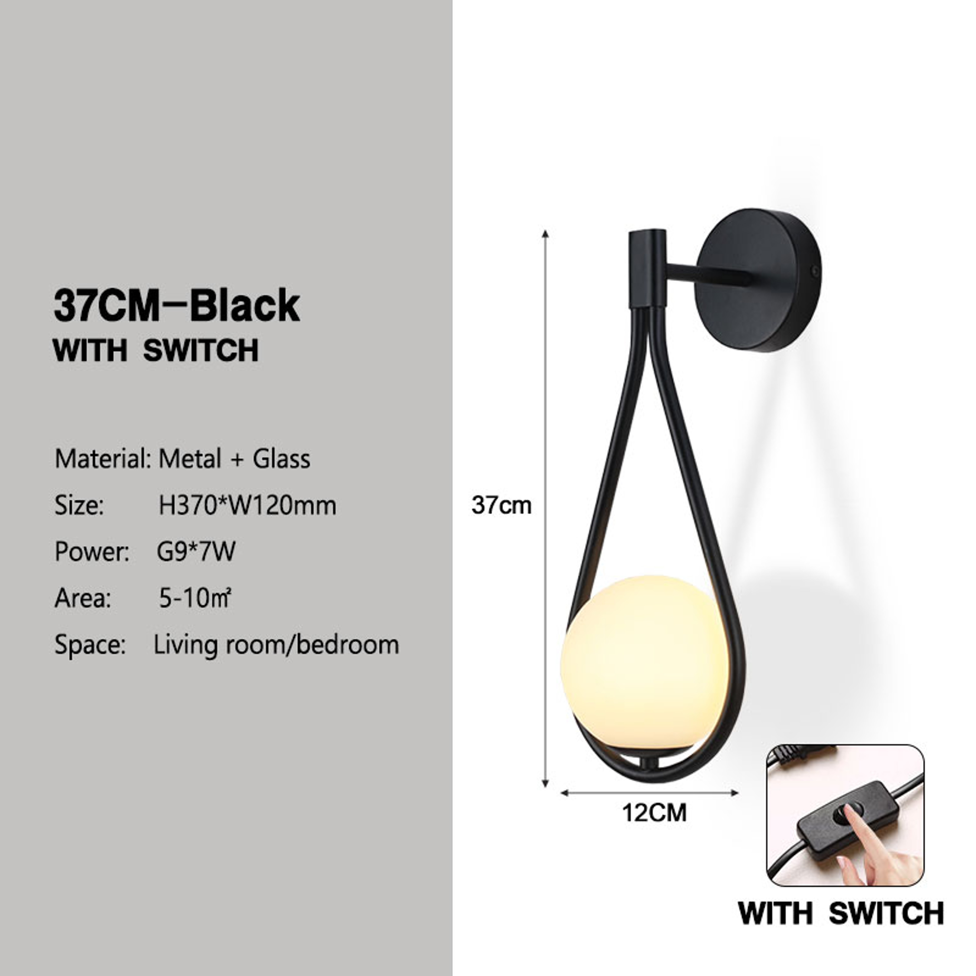 LED Wall Lamps with Bulb, Black Copper Indoor LED Wall Lights, With Plug Switch for Bedroom, Wall Sconce Decor – view 7