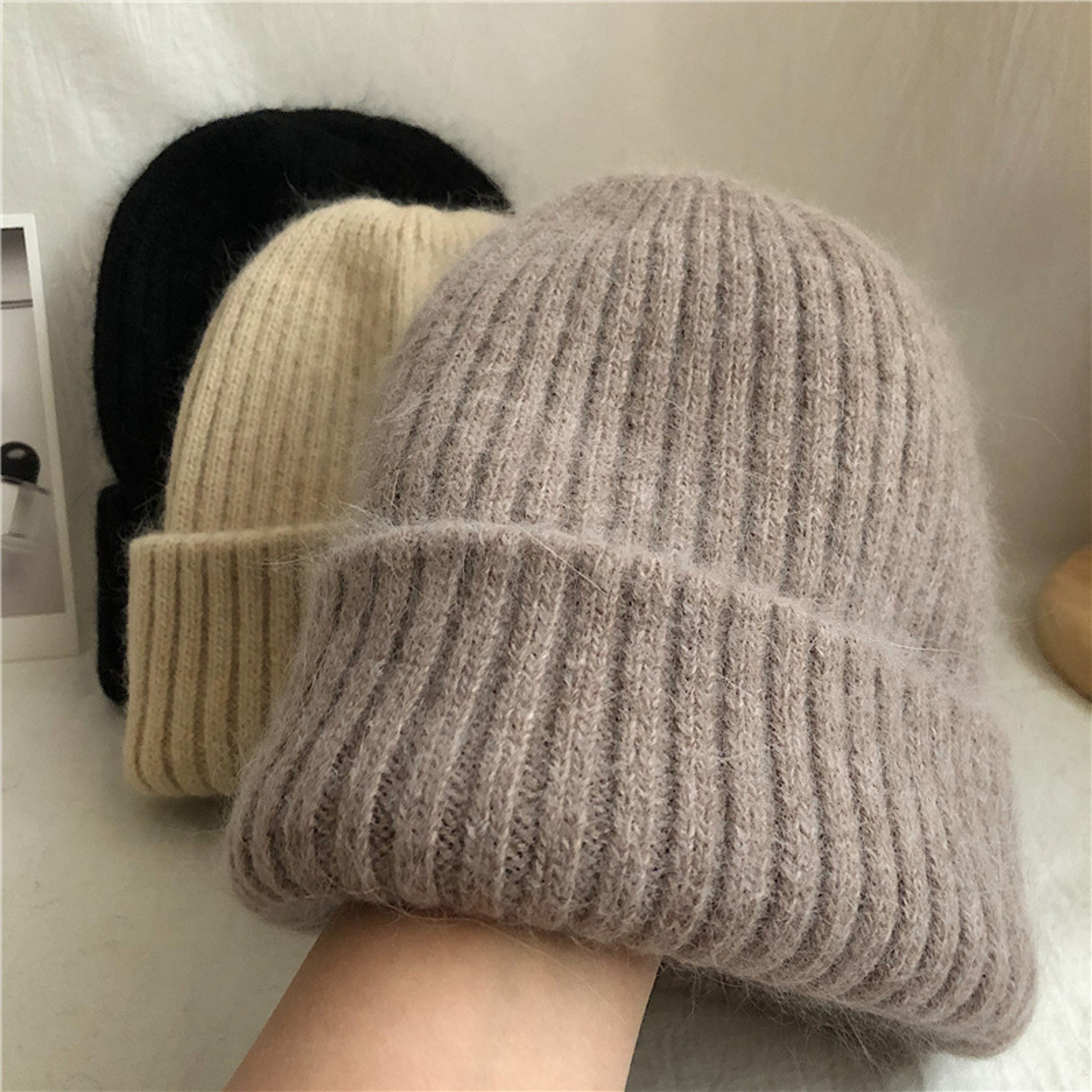 Warm Rabbit Fur Knit Hat DoubleLayer Womens Winter Hat Thick Wool Hat Casual Hat Toe Cap Cold Hat 4 1